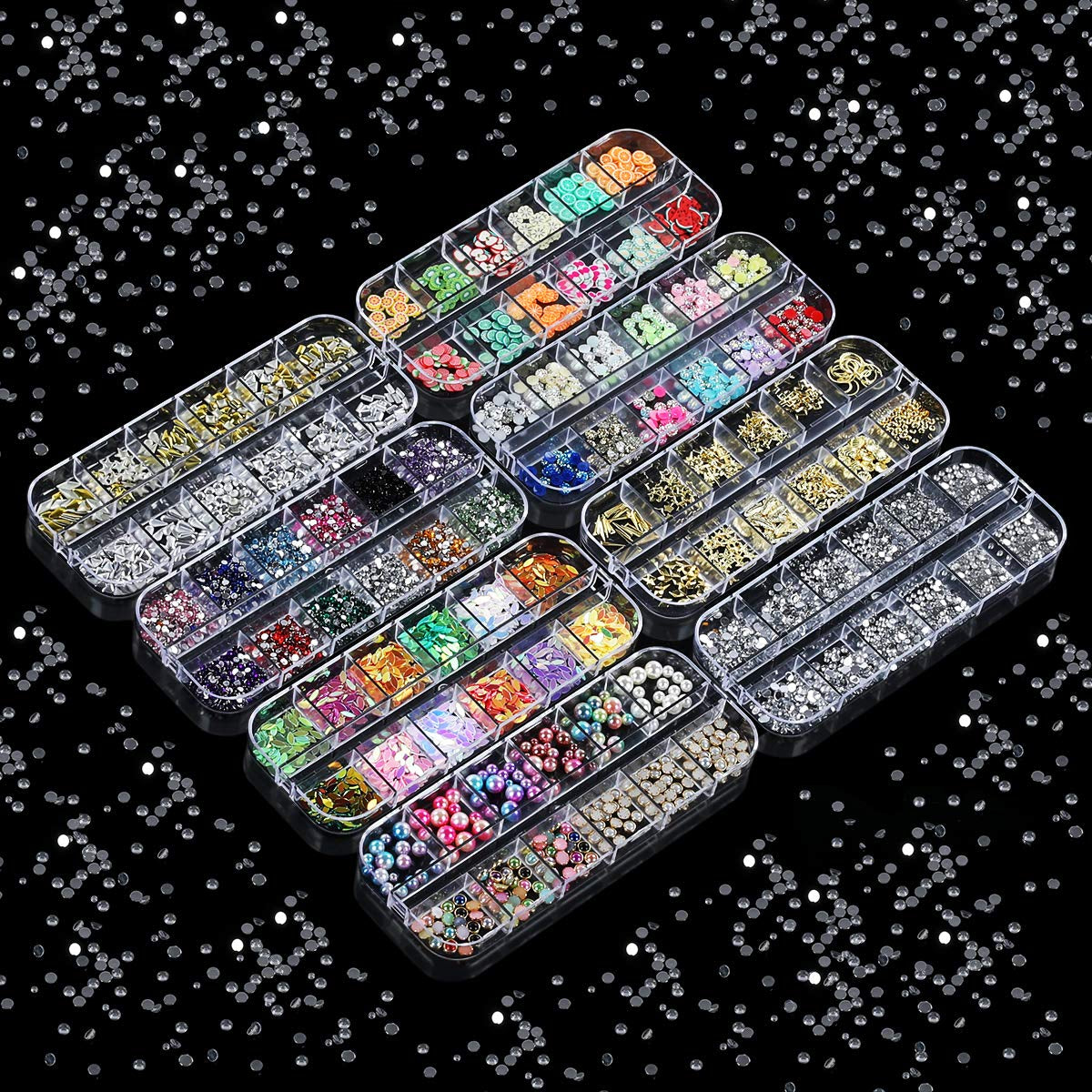 8 Boxen Nail Art Strass Kit - Nail Art Gemischt Strass Set, Nagel Kunst Strasssteine ​​Gems Perlen Edelsteine ​​Bunt Pferdeaugen Strass voor Nageldesign Zubehör Met 1 Pinzetten en 1 Strass Picker voor DIY