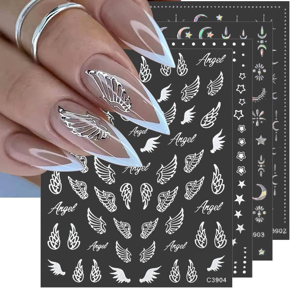 8 vellen gouden maan en sterren nagelkunststickers engelenvleugels bruin gouden nagelstickers sterren nagelfolie zelfklevende nagelstickers nagelontwerpaccessoires nagelstickers