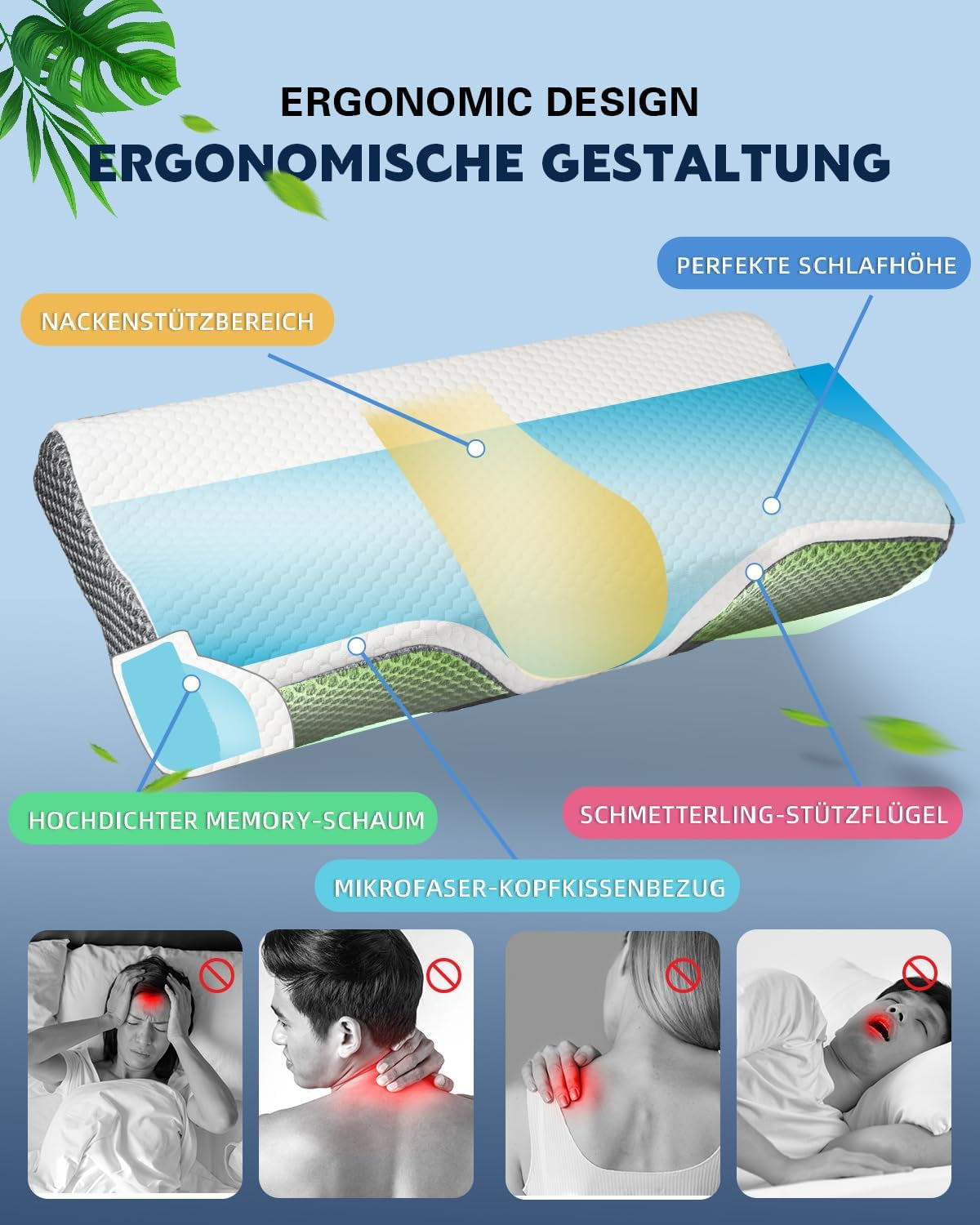 IDEA Kussen, Ergonomisch Orthopedisch Kussen voor Nekpijn, Memory Foam Kussen voor Zij-, Rug- en Buikslapers, Anti-Snurkkussen voor Mannen Vrouwen (62 * 34,5 * 12/8CM) Cervicale Orthopedische Kussens Naty Shop