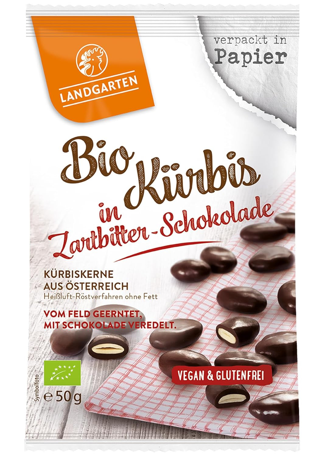 Landgarten Biologische pompoenpitten in pure chocolade - Veganistische geroosterde chocoladesnack met pompoenpitten - Bron van magnesium - 1 x 50 g