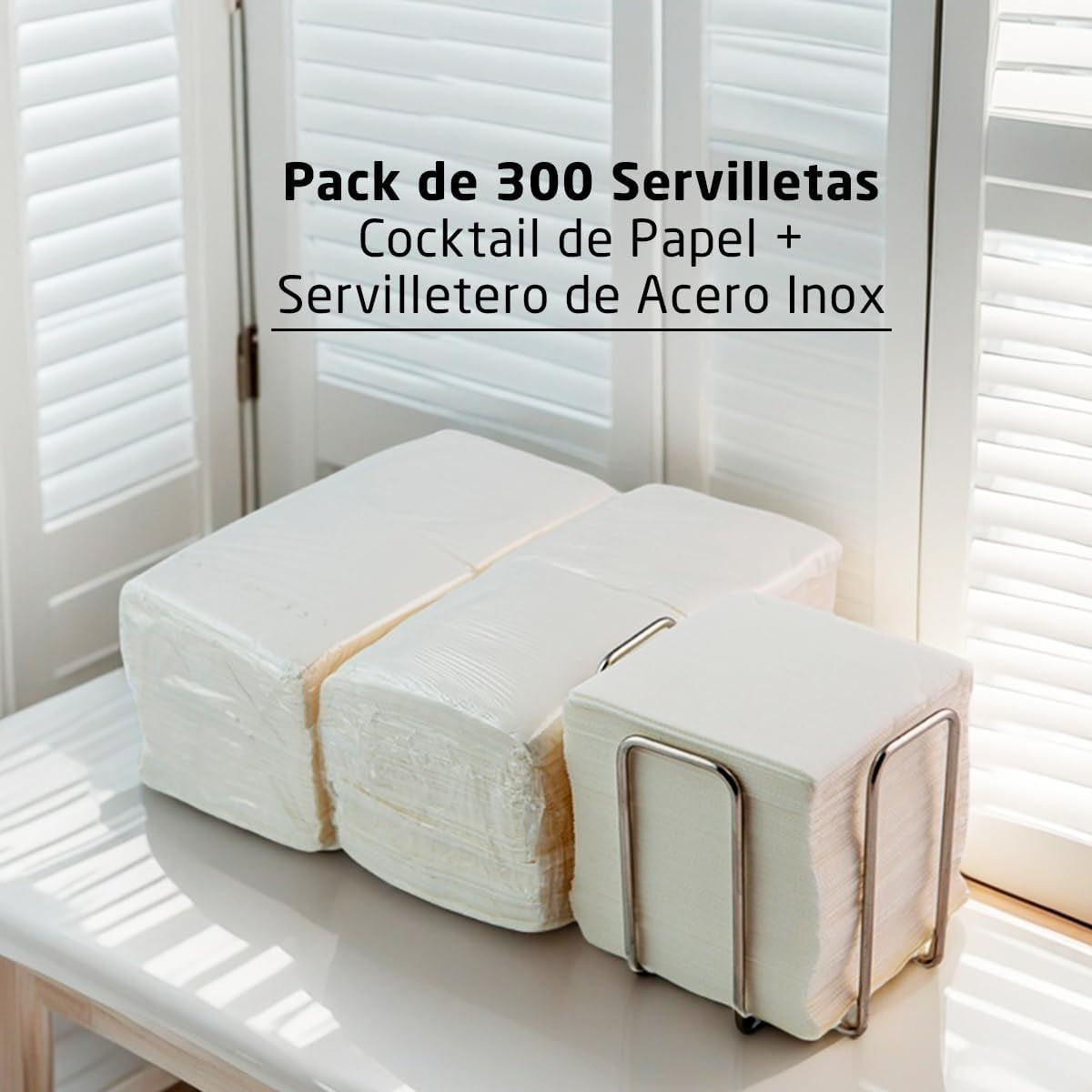 300 stuks witte cocktailpapieren servetten + roestvrijstalen servethouder microdottextuur dik absorberend 10 x 10 cm samengevouwen