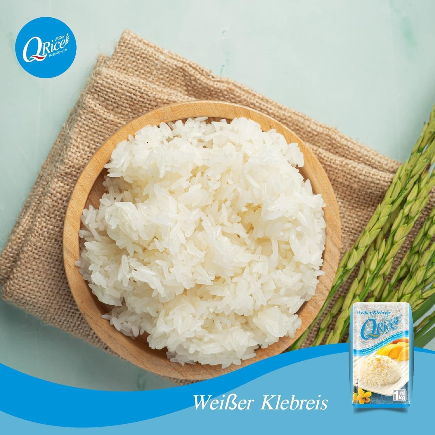 Q RIJST | Weißer Klebreis Langkorn uit Thailand | Aromatisch met klebrigertextuur | Ideaal voor curry's, sushi, mochi of rijstpudding 1 x 1 kg