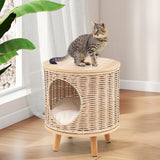 Katzenhaus Rattan, Katzenmöbel mit Holzbeinen & soft Kissen, 3 in 1 Katzenhöhle Fußhocker Nachttisch, Katzenbett stabil bis 30 kg voor Wohnzimmer Schlafzimmer