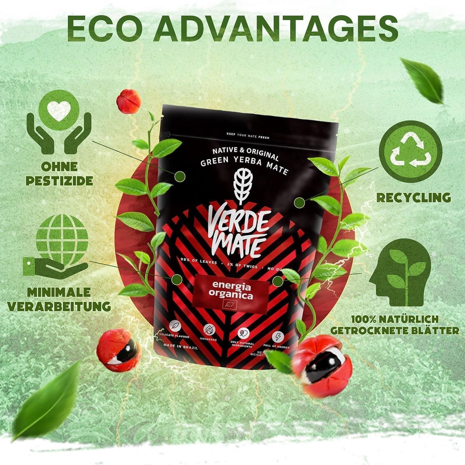 Green Mate Green Orgánica Energie Guarana 500G | Biologische Yerba Mate Thee uit Brazilië | Natuurlijk cafeïnegehalte | Biologische Mate-thee