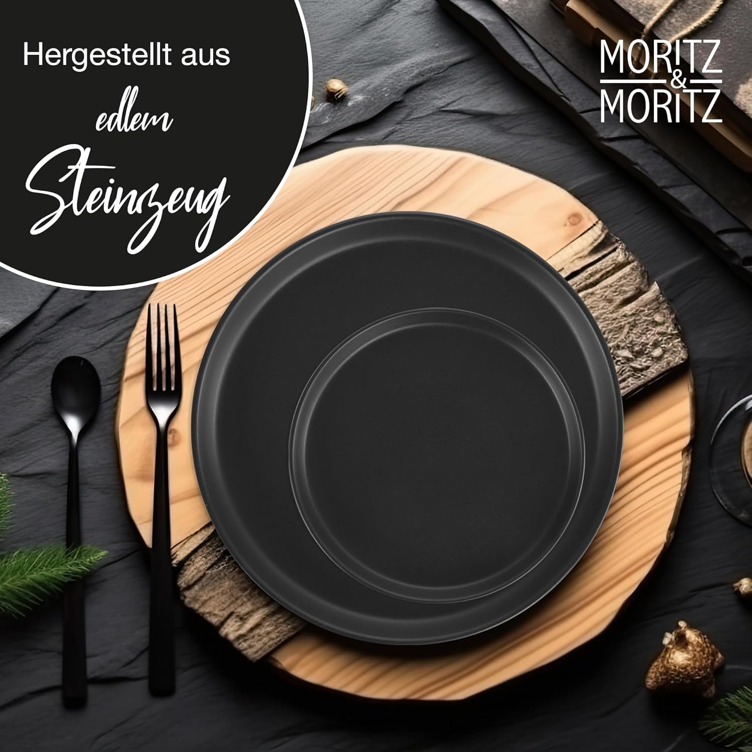 Moritz & Moritz NORDIC 6-persoons serviesset - 18-delige zwarte steengoed serviesset - Scandinavisch design - 6-persoons robuuste serviesset voor dagelijks gebruik en gasten - gecombineerde serviesset