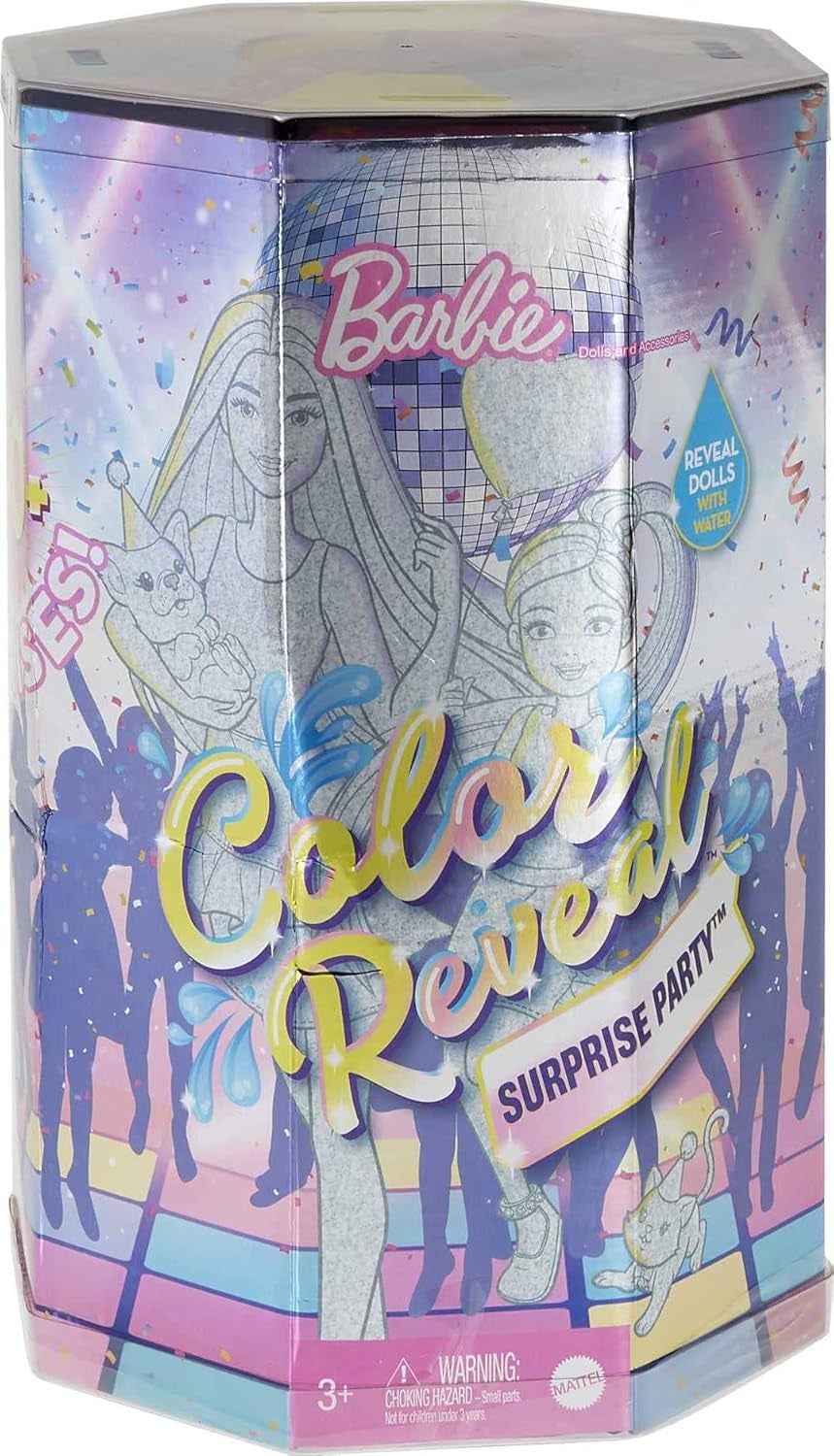 Barbie GXJ88 - Color Reveal Surprise Party, +50 verrassingen: 1 pop, 1 Chelsea pop, 2 dieren, 6 kleurveranderingen, accessoires en meer, dansfeestset, speelgoedcadeau voor kinderen vanaf 3 jaar