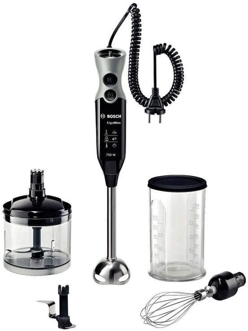 Bosch Stabmixer Ergomixx MSM67170, Edelstahl-Mixfuß, Universalzerkleinerer, Mix- Und Messbecher, Schneebesen, Ice-Crush-Klinge, Leichtes Gehäuse, 12 Stufen plus Turbostufe, 750 W, Zwart/Grau Keuken Naty Shop