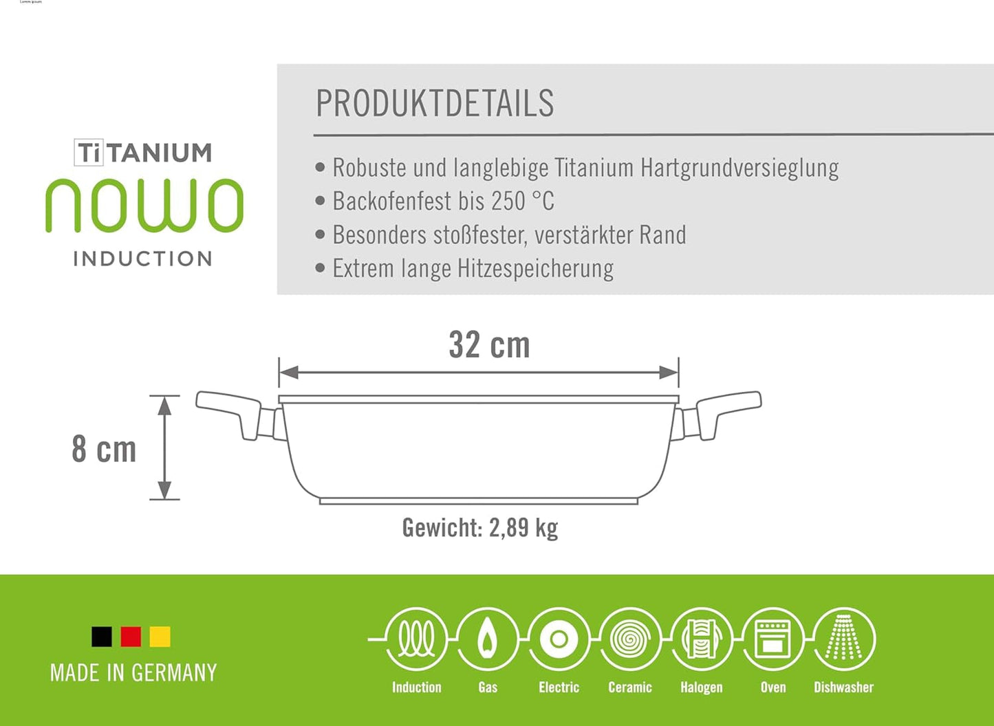 Woll Nowo Titanium Braadpan - Induktiv -, Ø 32 Cm, 8 Cm Hoch, 5,5 Liter, Mit 2 Seitengriffen - Geeignet Für Alle Herdarten Vormen en bakplaten Naty Shop