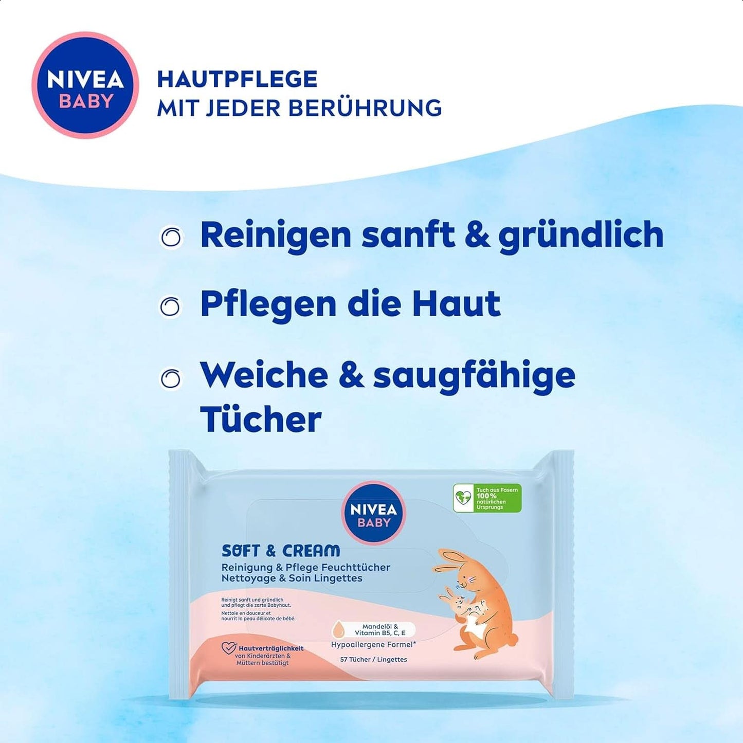 NIVEA BABY Soft & Cream Feuchttücher, Baby Feuchttücher Zur Sanften Reinigung Empfindlicher Babyhaut, Hypoallergene Feuchttücher voor baby's met mandelolie en vitamines (4 X 57 Stück) Naty Shop