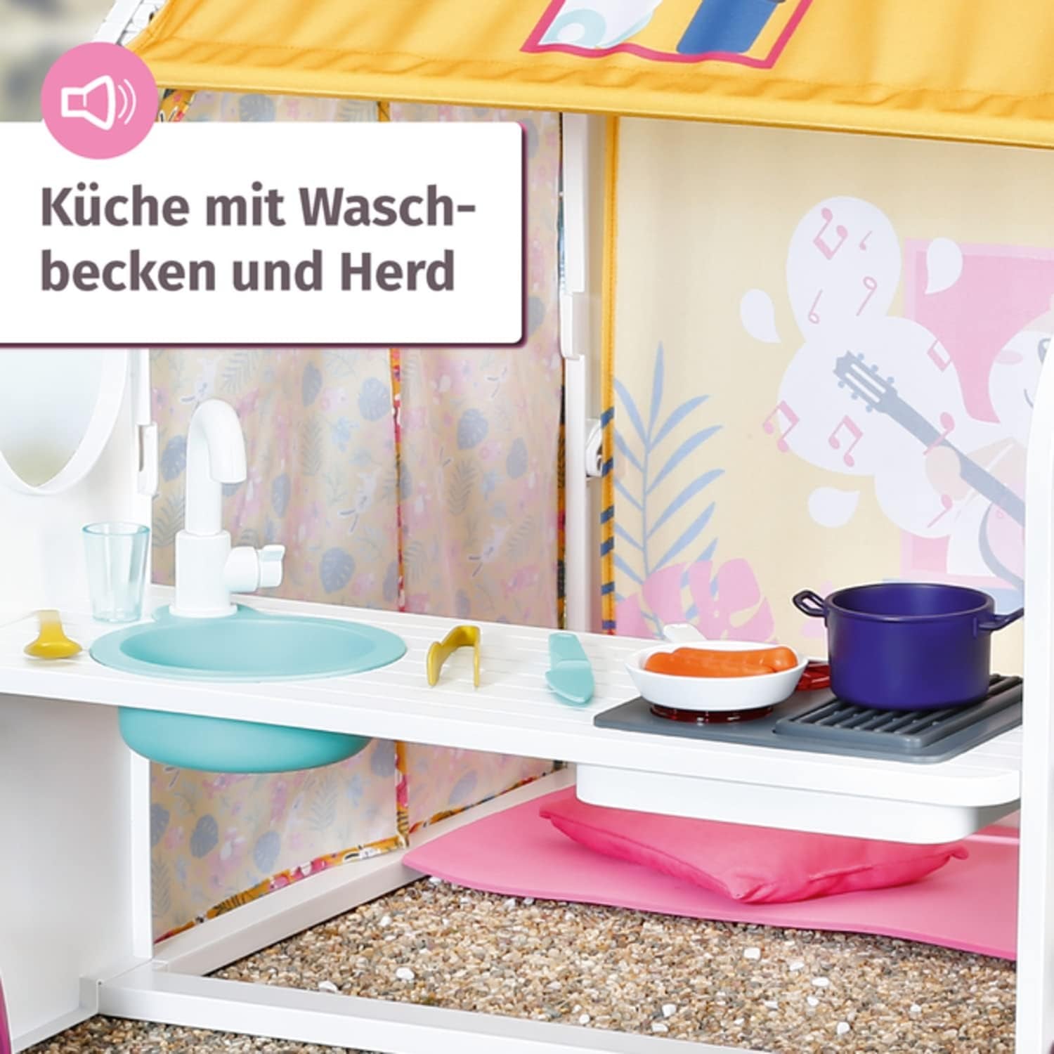 BABY born Poppenhuis, Weekendhuis met licht- en geluidsfunctie, te openen zijpanelen, gootsteen, grill en vele accessoires, 832752, Zapf Creation
