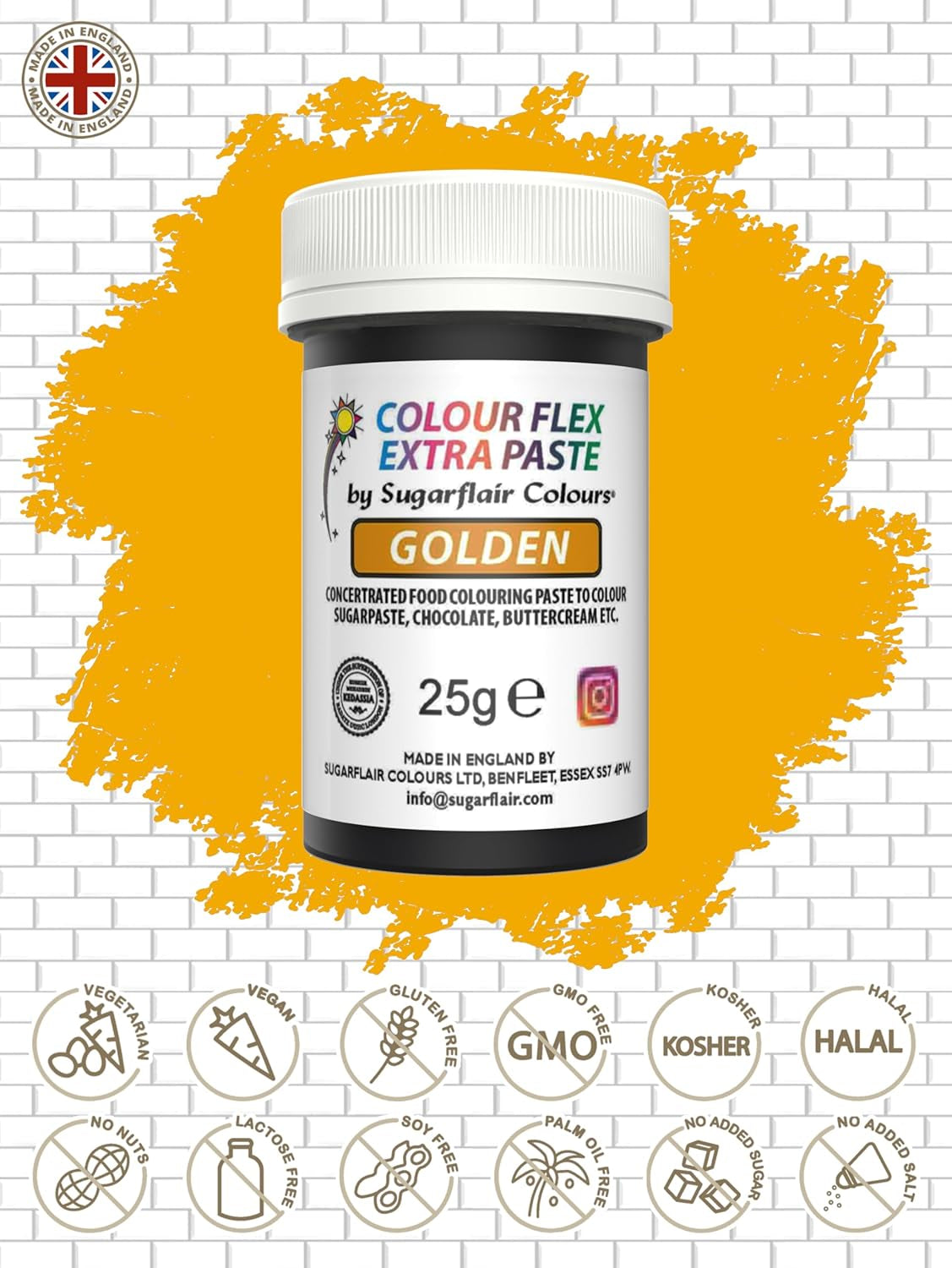 Kleurstofpasta Sugarflair Colourflex Extra Paste Golden - Eetbare kleurstof voor botercrème, chocolade, suikerpasta, glazuur, fondant, cakemixen, deeg en meer - 25g