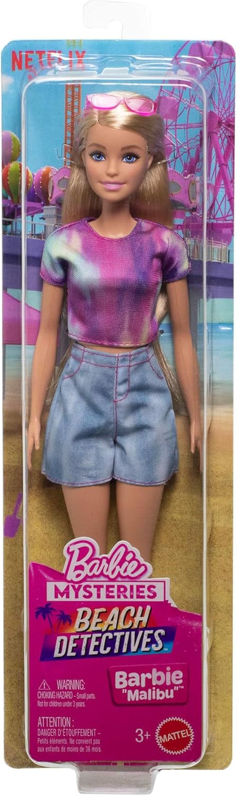 Barbie Mysteries: Malibu Beach Detectives-pop met kenmerkende outfit en accessoires, inclusief zonnebril, JFV63