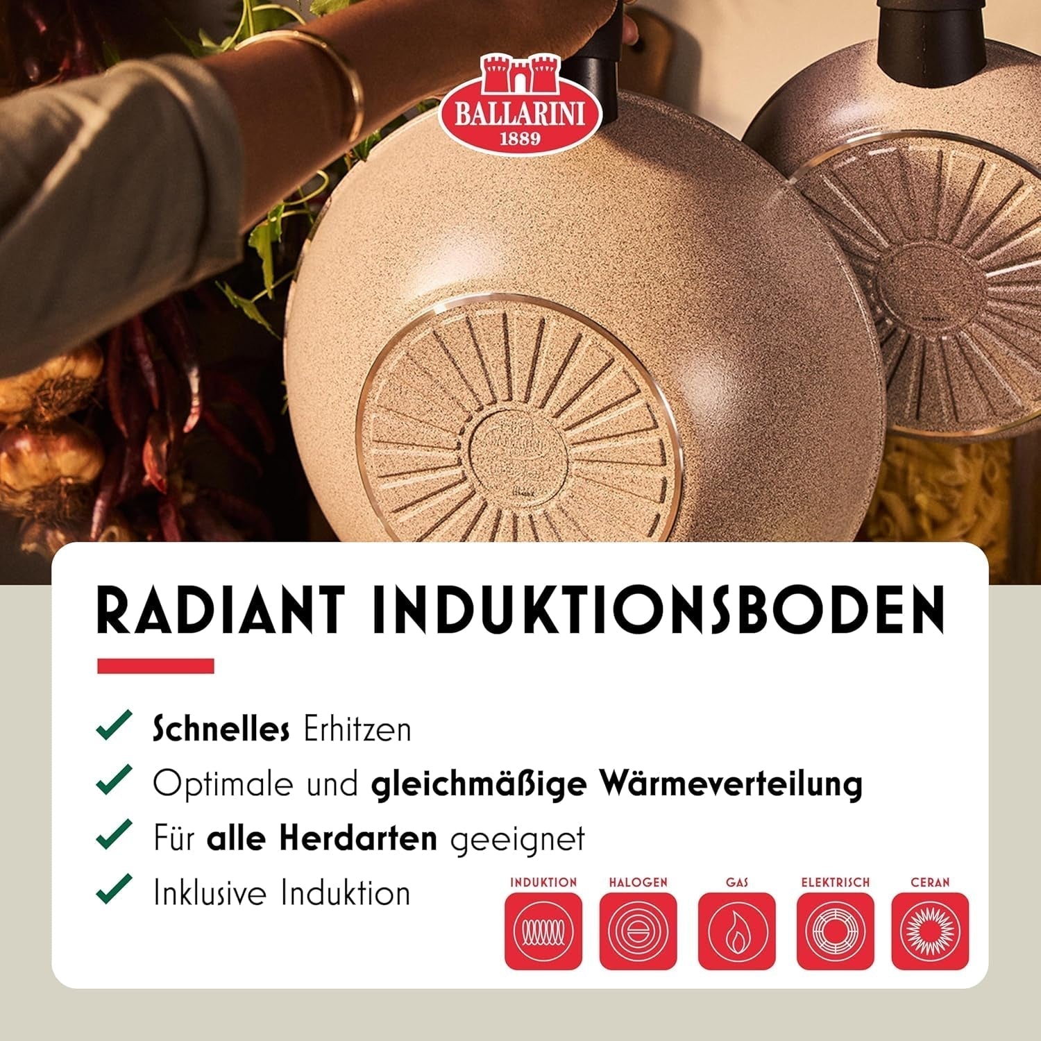Ledro koekenpan, 24 cm, aluminium, geschikt voor inductie, keramische antiaanbaklaag, Thermopoint, Made in Italy, beige Potten en pannen Naty Shop