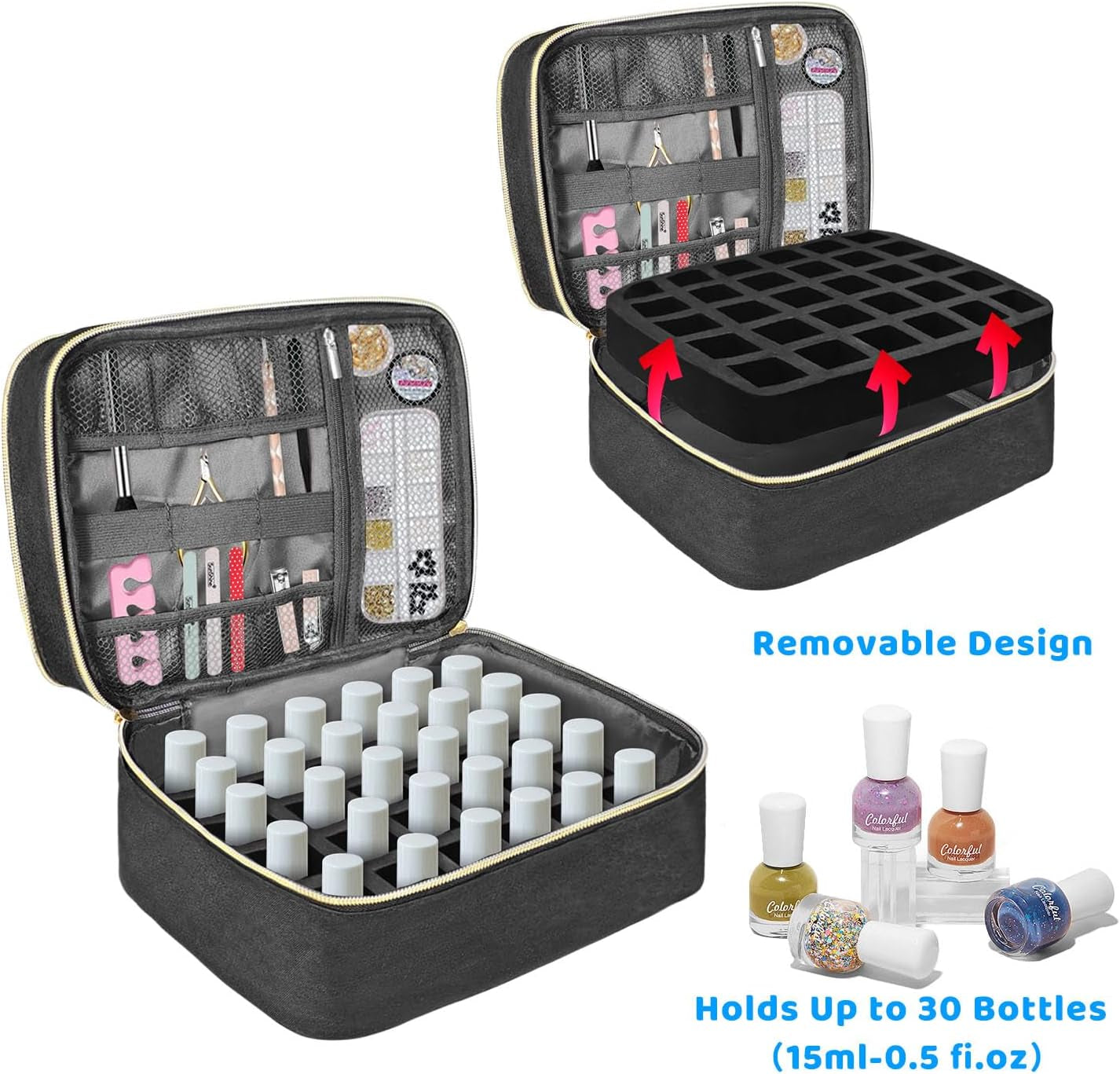 Nail Lacquer Organizer Tasche, Doppelschicht Nail Lacquer Storage Box, Organizer Koffer Für Nageldesign Kosmetiktasche Für 30 Flaschen Neonail Base (15Ml-0.5 Fl.Oz) & 1 nagellamp (zwart)