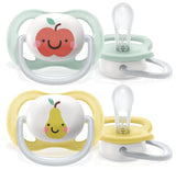 Philips AVENT ultra air-fopspeen - 2-pack, BPA-vrij, ademend, voor baby's 0-6 maanden, inclusief draagtas en sterilisatie, appel/peer (model SCF080/17)