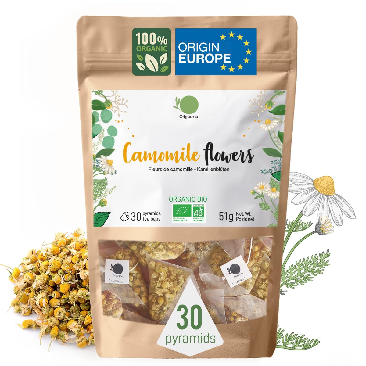 ORIGEENS Biologische Kamillebloementhee uit Europa, 100 g | Losbladige thee, biologische thee voor slaap en spijsvertering | Duitse Kamille | Gecertificeerd en verpakt in Duitsland