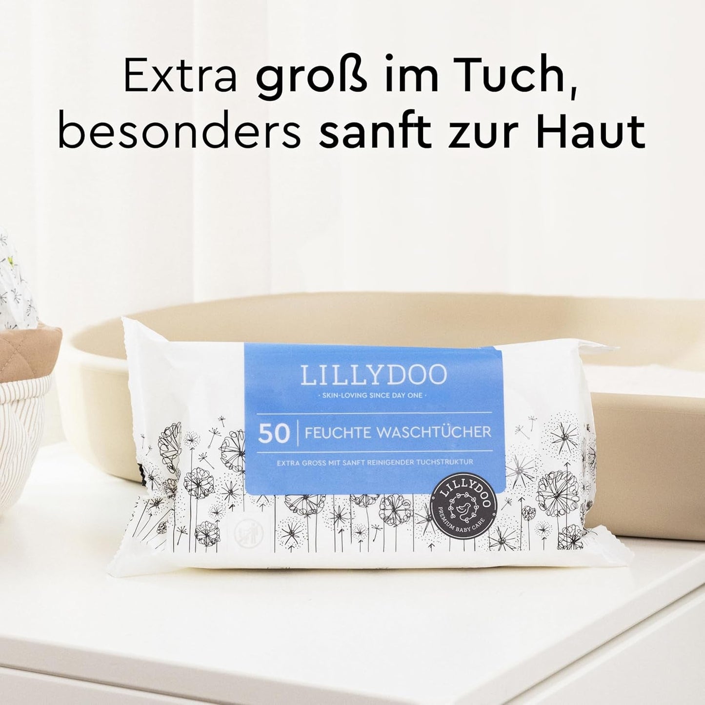 LILLYDOO Natte doekjes 50 stuks 100% plasticvrij extra groot doekje ongeparfumeerd
