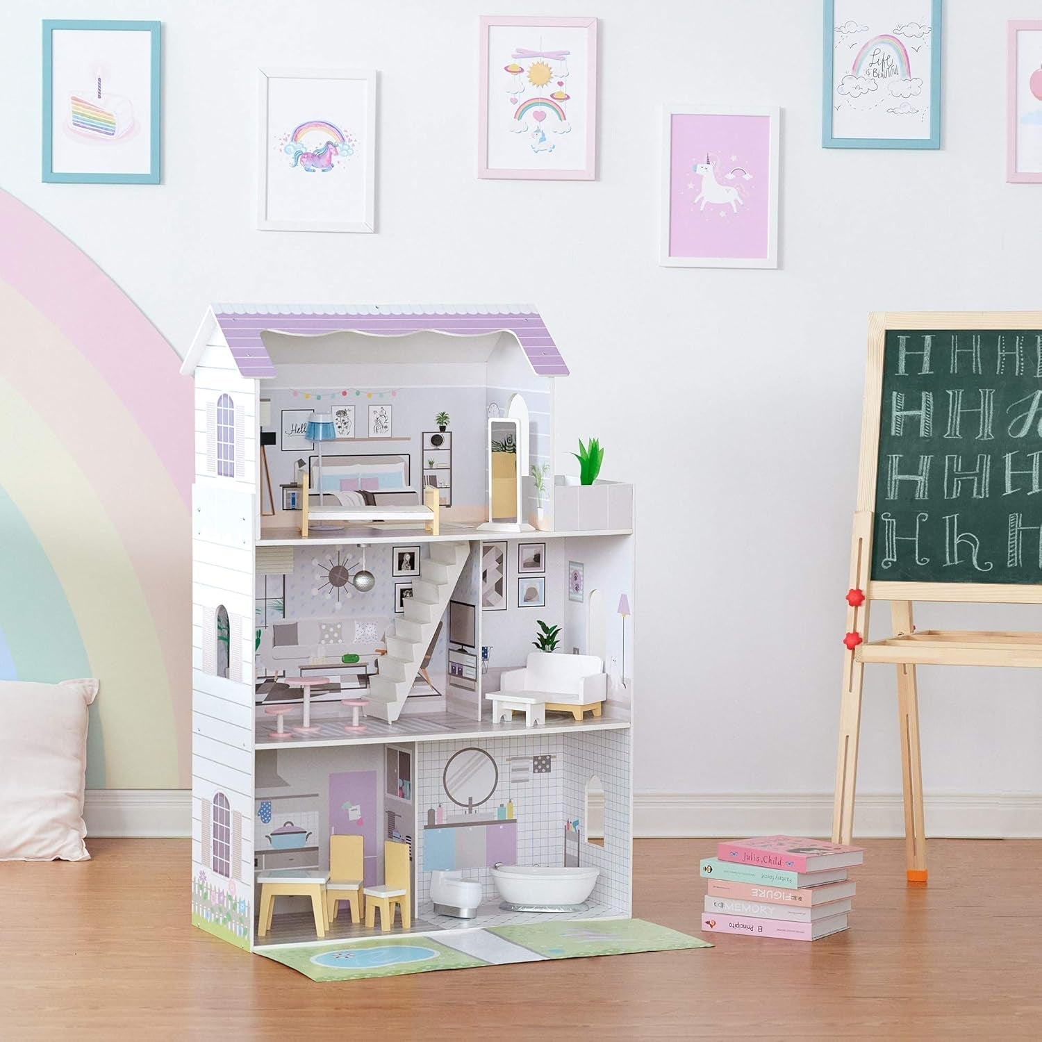 Teamson Kids Olivia's Little World gigantisch poppenhuis met 16 poppenaccessoires, houten poppenhuis met meubilair, 3 verdiepingen, 30 cm poppenhuis voor kinderen, vanaf 3 jaar