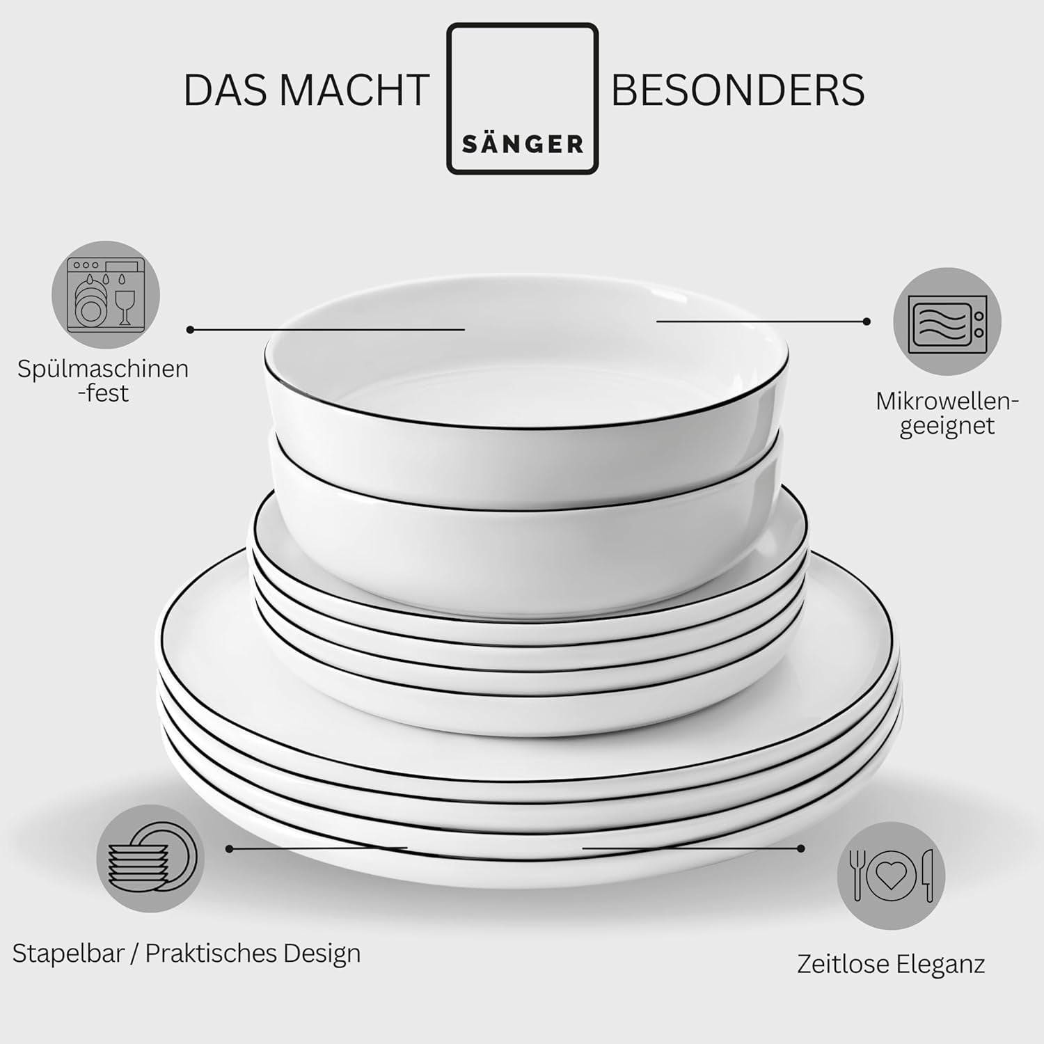 ZANGER | Marlo serviesset met zwarte en witte rand, 18-delige porseleinen serviesset voor 6 personen, wit met zwarte accenten, dinerborden, dessertborden en schalen, modern design | DE PREMIUM COLLECTIE
