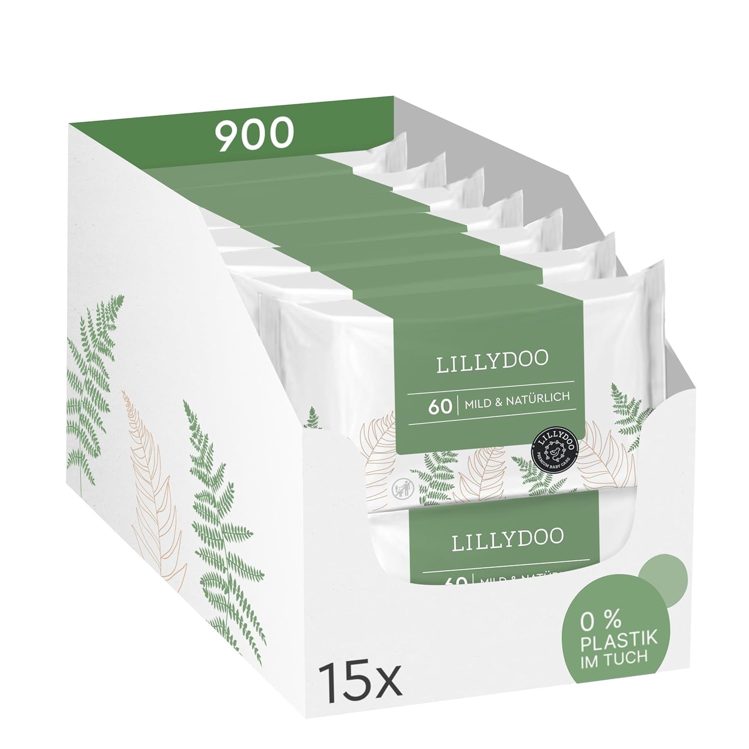 LILLYDOO Groene vochtige doekjes, 600 stuks (10 x 60), 100% plasticvrij, scheurbestendig doekje - geurvrij, zacht en natuurlijk, zachte reiniging voor de gevoelige huid, dermatologisch getest