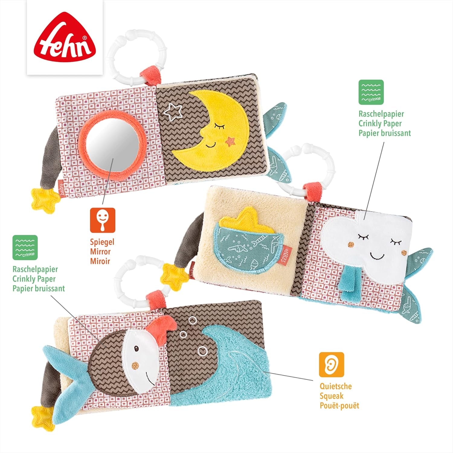 Fehn Speelhandschoen Safari - Vingerpoppetjes Babyspeelgoed Aap & Olifant om vast te pakken & Geluiden te maken & Zacht Prentenboek Bruno - Touchboek voor kinderen met dierenmotieven Babyspeelgoed Naty Shop