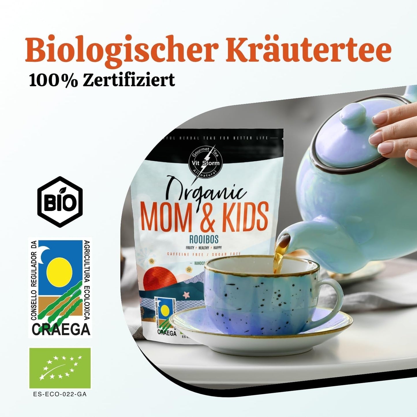 VITSTORM® BIO TEE Mom & Kids - Thee voor vrouwen en borstvoeding - Rooibos, appel, venkel, citroenmelisse, alchemilla, aardbei - Ontspannende thee - Fruitig en lekker - Cafeïnevrij - Kruidenthee 100 g