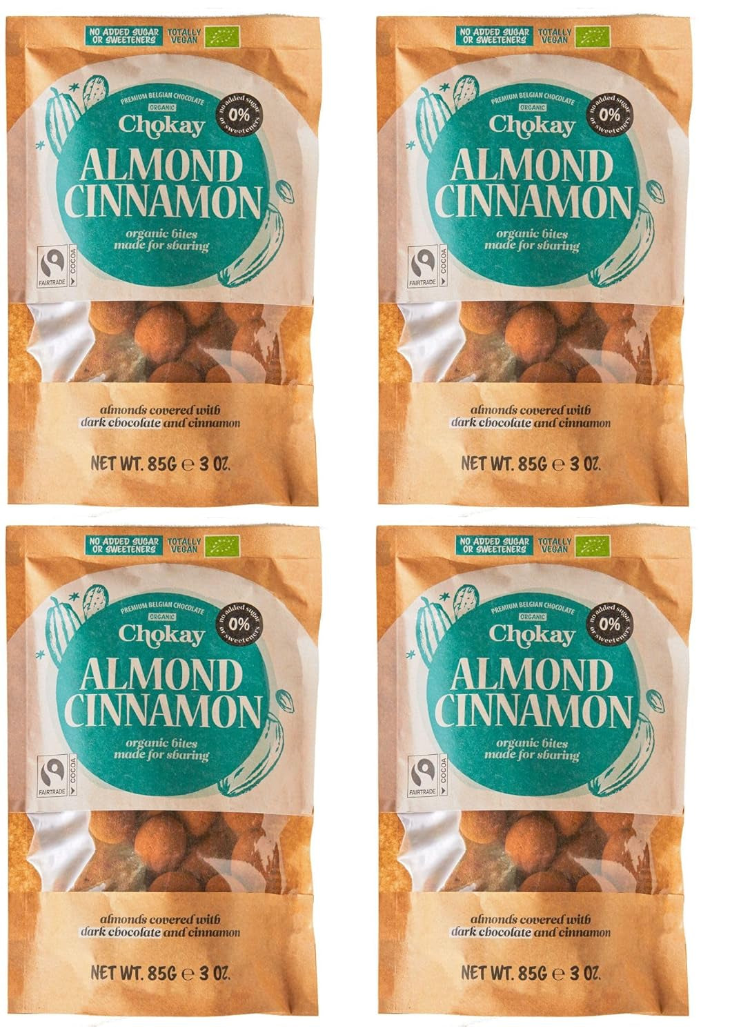 Set van 4 biologische hapjes - Kaneelamandelen/kaneelamandelen in Belgische pure chocolade/zonder toegevoegde suiker, zonder zoetstoffen/VEGAN & FAIR TRADE / 4 x 85g