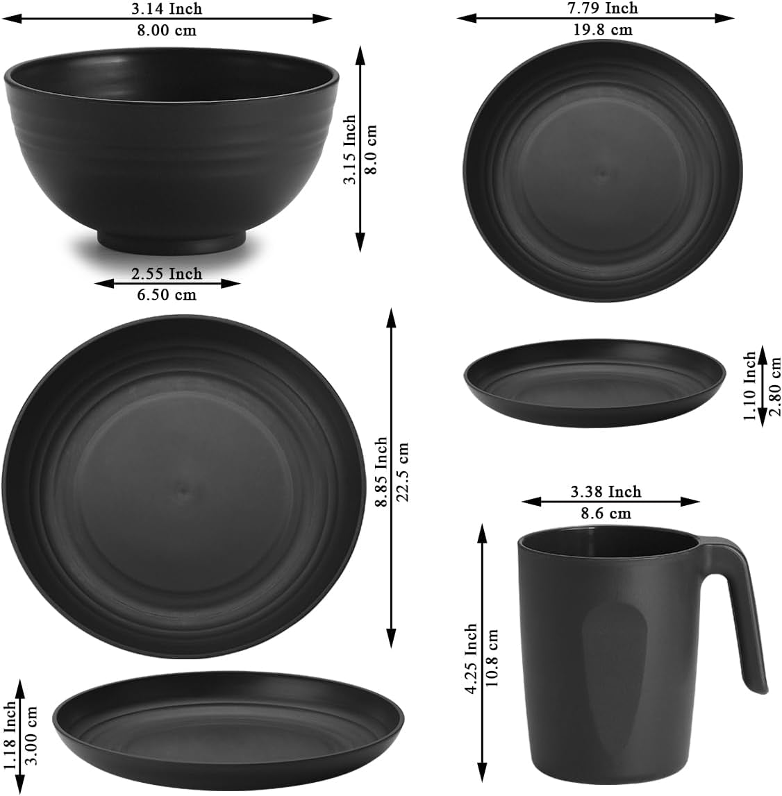 Berglander zwarte kunststof 24-delige serviesset voor 6 herbruikbare borden en schalen inclusief dinerborden, dessertborden, ontbijtgranenschalen en kopjes voor huis, tuin en picknicks