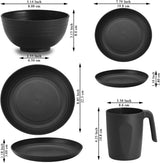 Berglander zwarte kunststof 24-delige serviesset voor 6 herbruikbare borden en schalen inclusief dinerborden, dessertborden, ontbijtgranenschalen en kopjes voor huis, tuin en picknicks