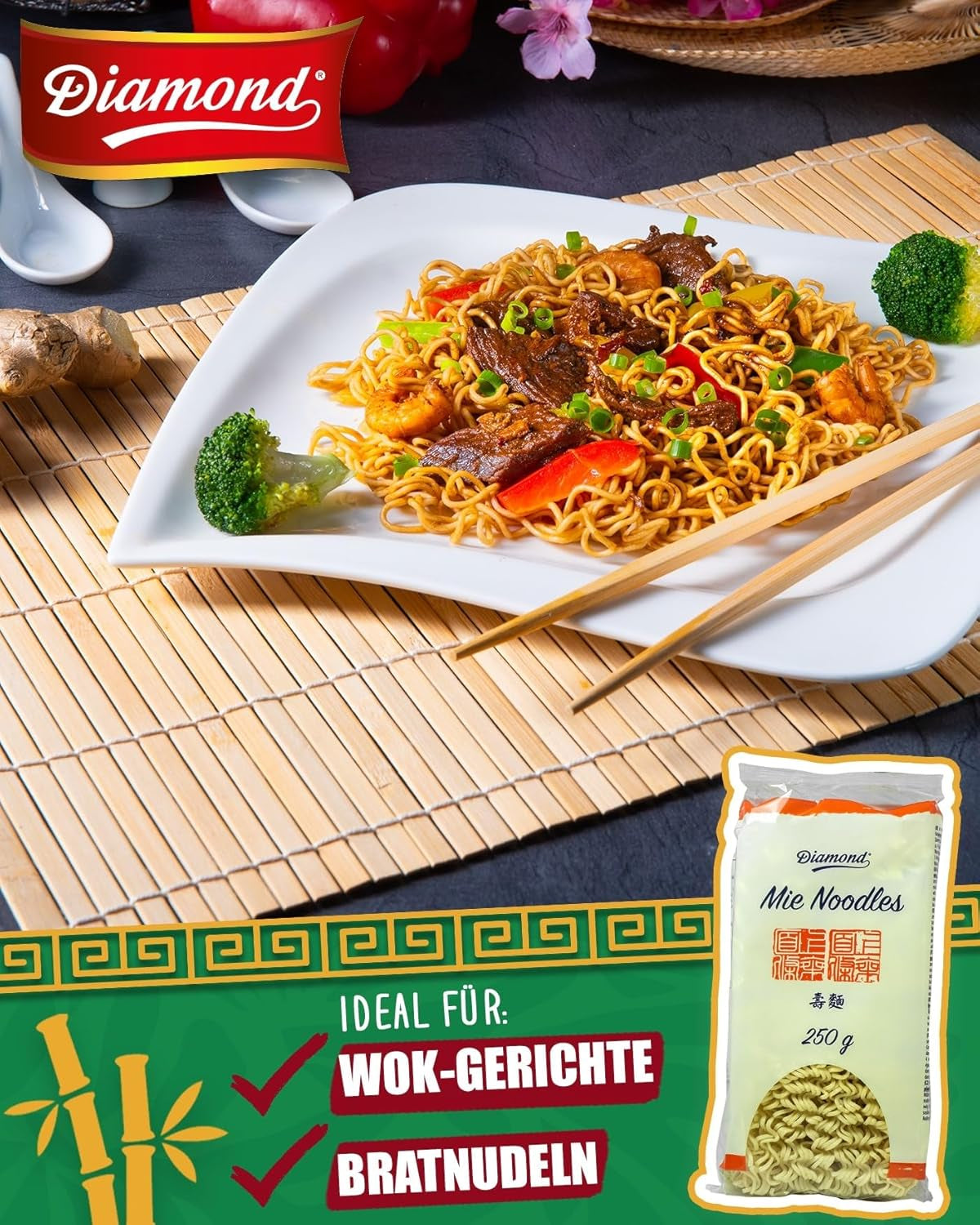 DIAMOND Mie Noodles, tarwenoedels zonder ei, snel en gemakkelijk te bereiden, vegetarisch - 8 x 250 g