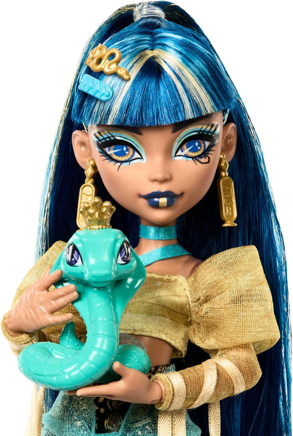 Monster High Cleo De Nile-pop in gouden blouse en gelaagde rok, inclusief Cobra Hissette-huisdier en accessoires zoals rugzak, snack en papierrol, HXH74 Naty Shop-poppen