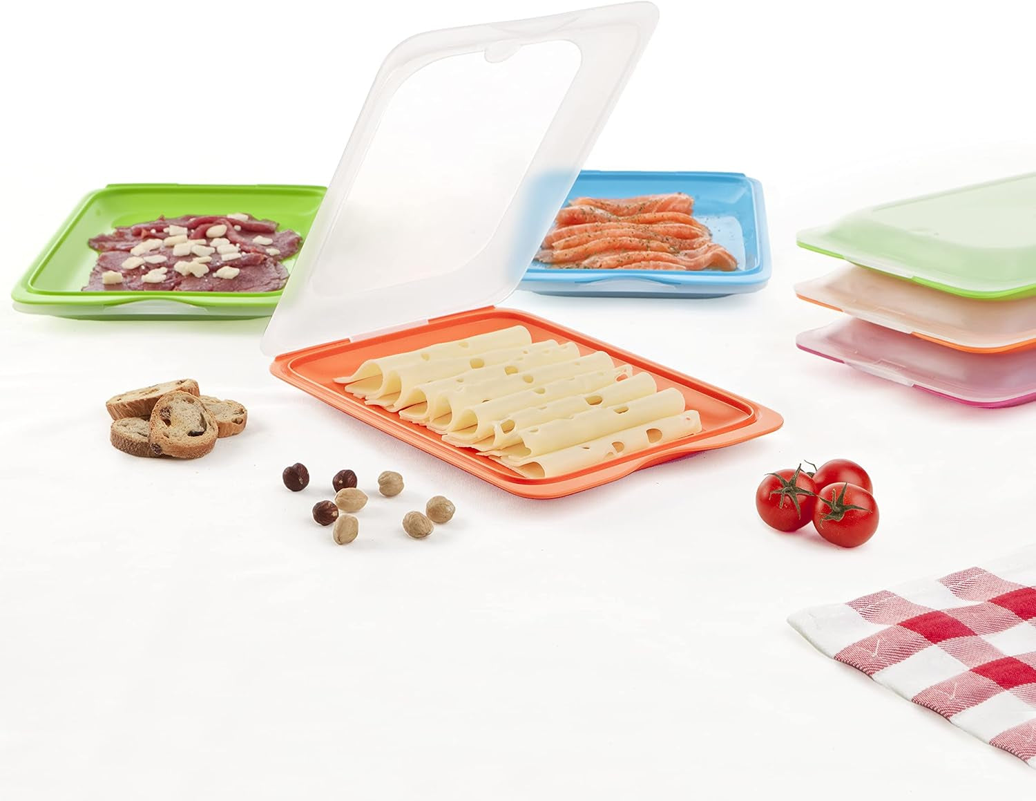 TATAY Fresh Slicer Box Set van 4, BPA-vrij, herbruikbaar, stapelbaar, vaatwasser en MWO, willekeurige kleuren. Afmetingen 17 cm x 3,2 cm x 25,2 cm Naty Shop voedselbewaardozen