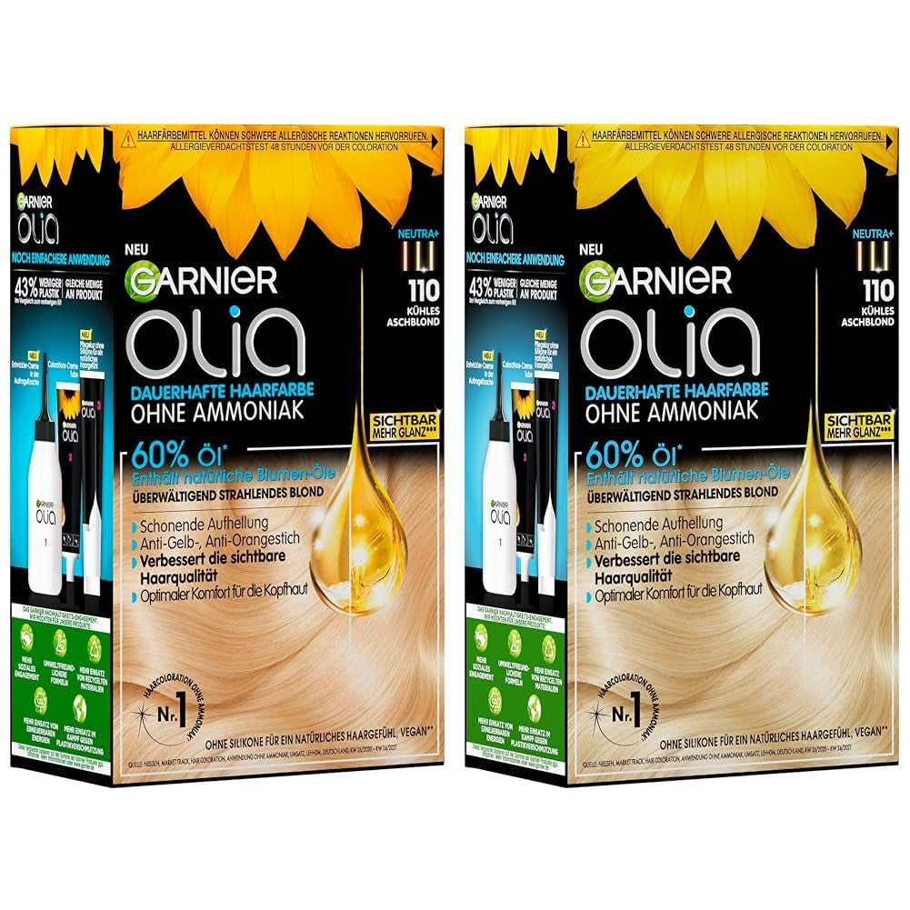 Garnier Olia 110 Cool Ash Blonde Ammoniakvrije permanente kleur met voedende natuurlijke oliën Volledige dekking Grijs haar Permanente kleur 1 stuk (2 stuks) Naty Shop Haarkleur Standaardtitel