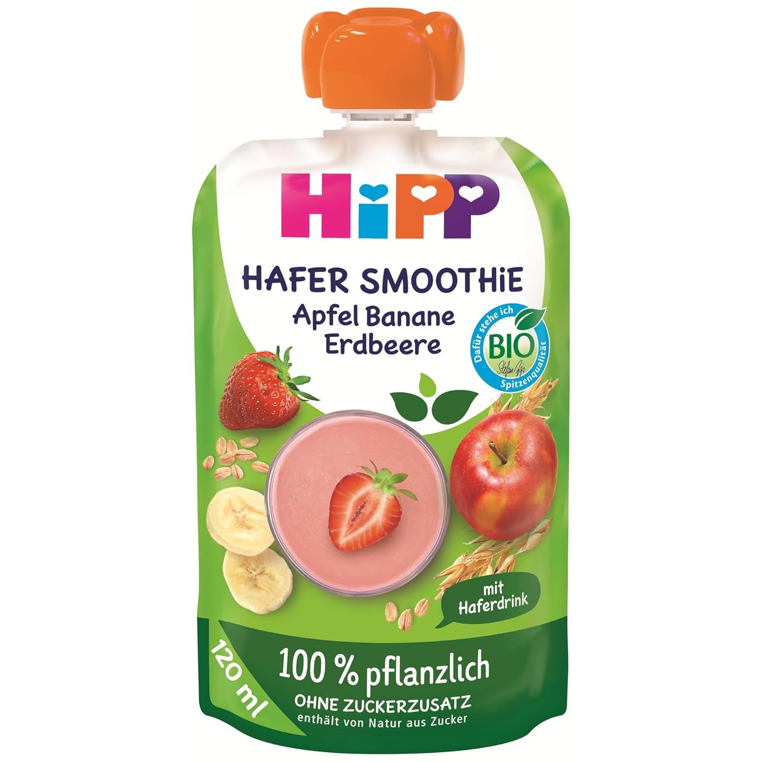 HiPP Bio Quetschie Hafer Smoothie Apfel Banana Erdbeere mit Haferdrink (6 x 120ml), ab 1 Jahr, 100% pflanzlich, ohne Zuckerzusatz, vegan, in de beste Bio-Kwalität