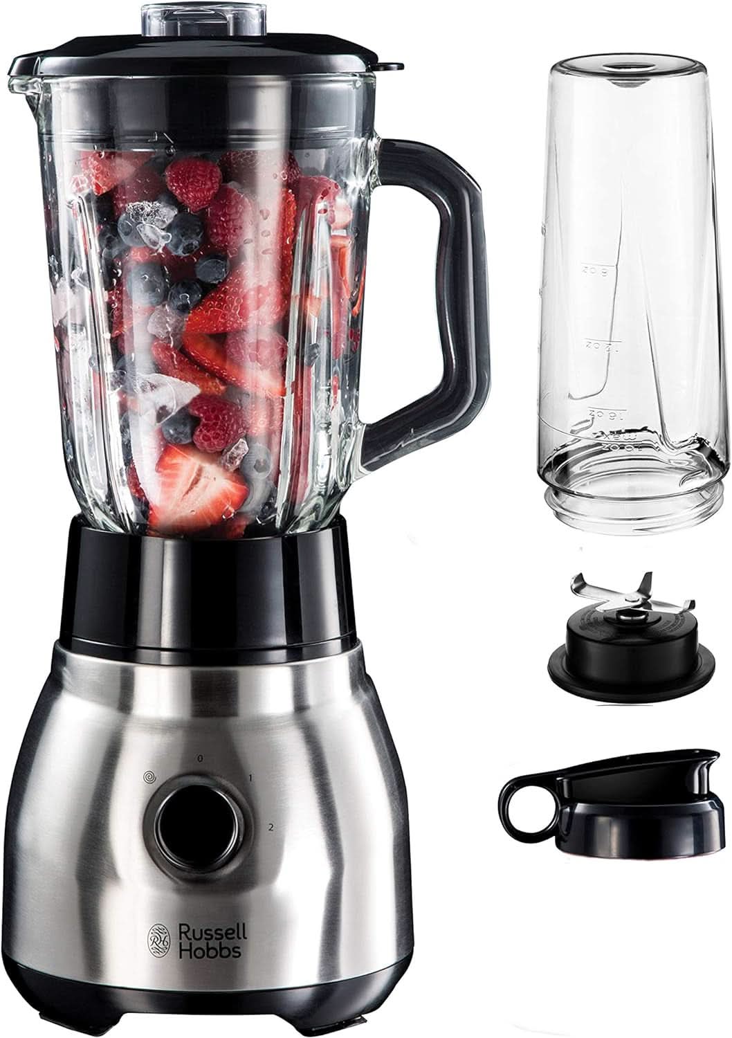 Russell Hobbs Standmixer 2-In-1 [1,5L Glasbehälter Mixer & 0,6L Mini Smoothie Maker -To-Go-Trinkflasche Inkl. Deckel] Spülmaschinenfest, Impuls-/Ice-Crush-functie, Becher BPA Frei, Edelstahl 23821-56 Keuken Naty Shop Standmixer 2-in-1