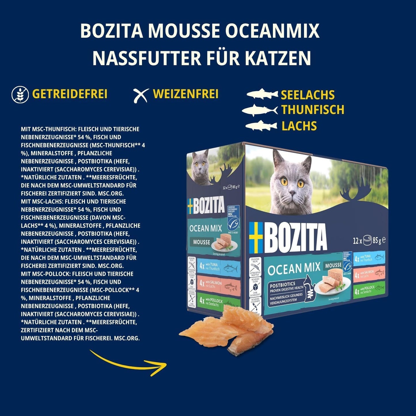Bozita Mousse Ocean Mix - 12 x 85g kattennatvoer met tonijn, zalm of gele kabeljauw - graanvrij, suikervrij en kunstmatige kleurstoffen - met postbiotica voor een gezonde darmflora