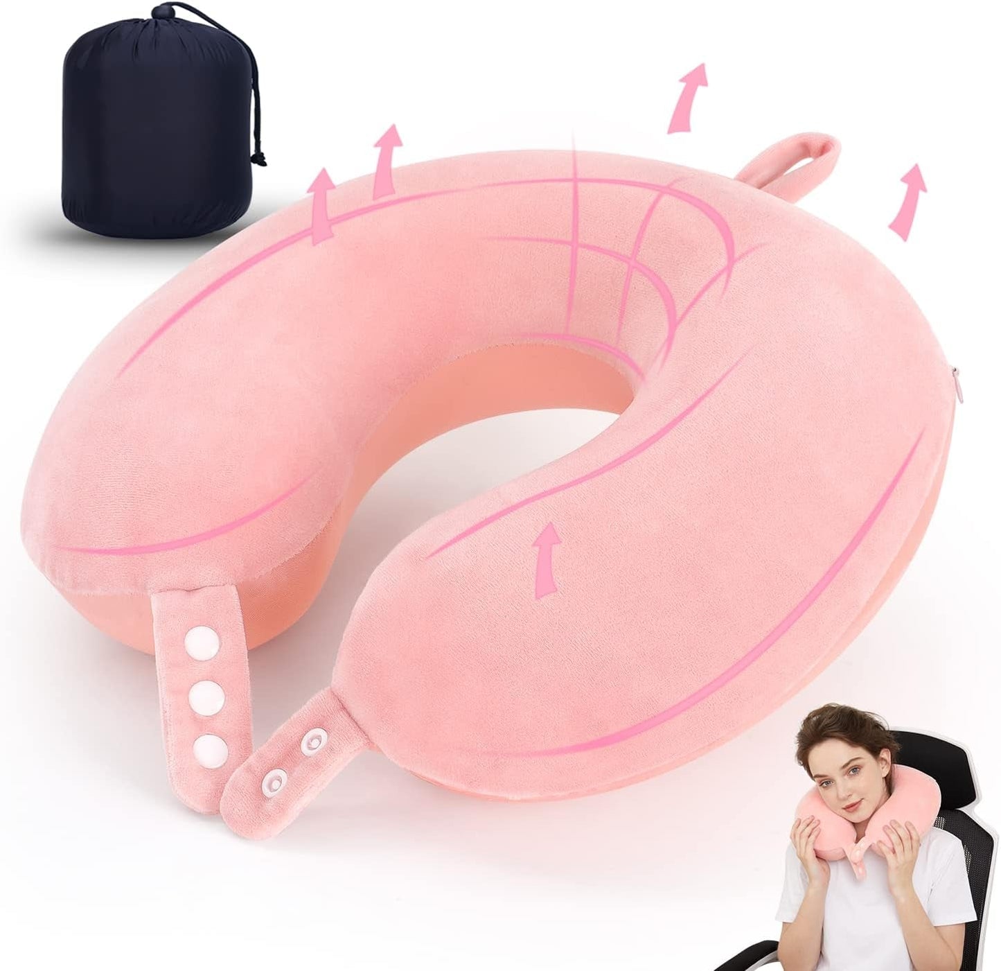 TALLGO reisnekkussen, het beste traagschuim vliegtuigkussen voor hoofdsteun, verstelbaar zacht kussen voor vliegtuig, auto en thuis, roze cervicale orthopedische kussens Naty Shop roze standaard