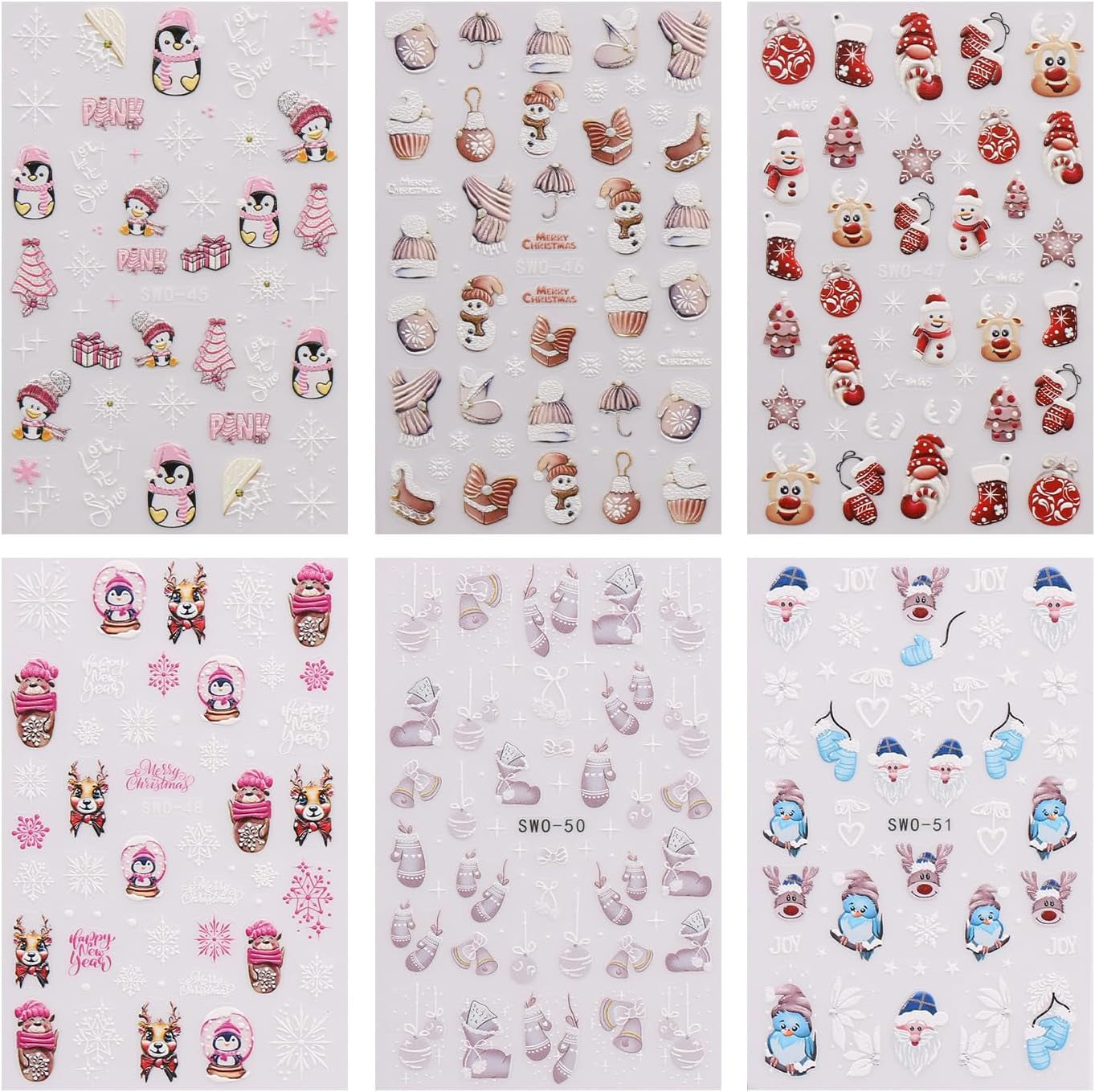 JMEOWIO Nagelsticker Weihnachten 6 Blatt Nail Art Sticker Selbstklebend Nagelaufkleber Schneeflocke Winter Urlaub Süß Decoratie Nageldesign Zubehör