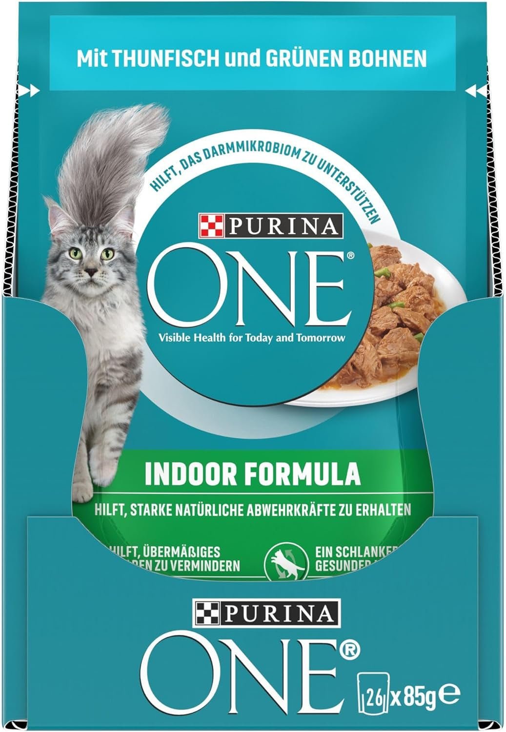PURINA ONE Indoor Formula nat kattenvoer, zachte stukjes in saus voor zelfgemaakte katten met tonijn, 26 stuks (26 x 85 g)