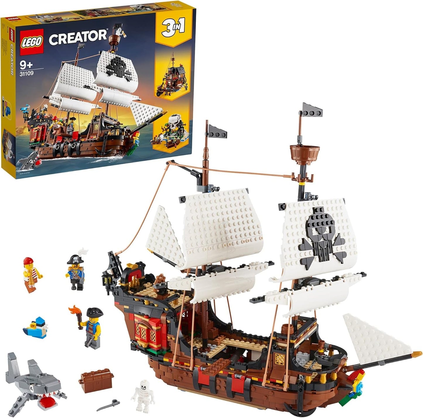 LEGO Creator 3-in-1 piratenschipset, speelgoed met 3 bouwopties, bouw een piratencafé of schedelpirateneiland, inclusief 3 minifiguren voor rollenspelavonturen 31109 Bouwsets Bekijk de LEGO-Store standaardverpakking