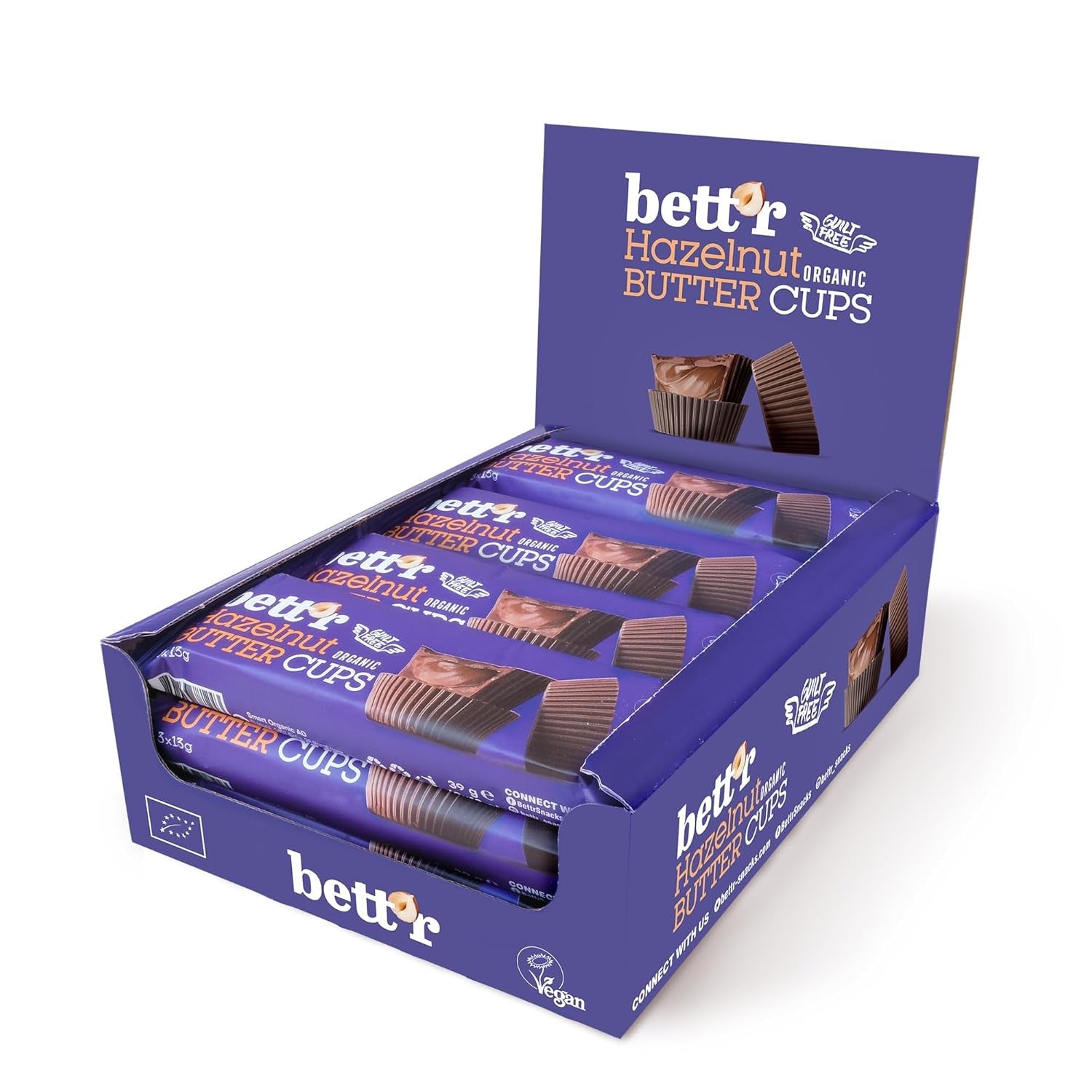 Bett'r schuldvrije biologische hazelnootboterbloemen. 100% veganistisch, glutenvrij en lactosevrij - 12 x 39 g