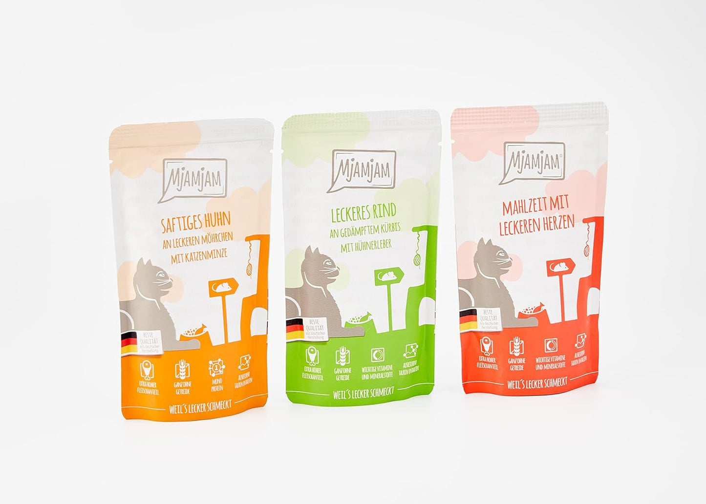 MjAMjAM - Premium natvoer voor katten - Gemengd pakket I - Kip, Rundvlees, Harten, 12 stuks (12 x 125 g), graanvrij met extra vlees