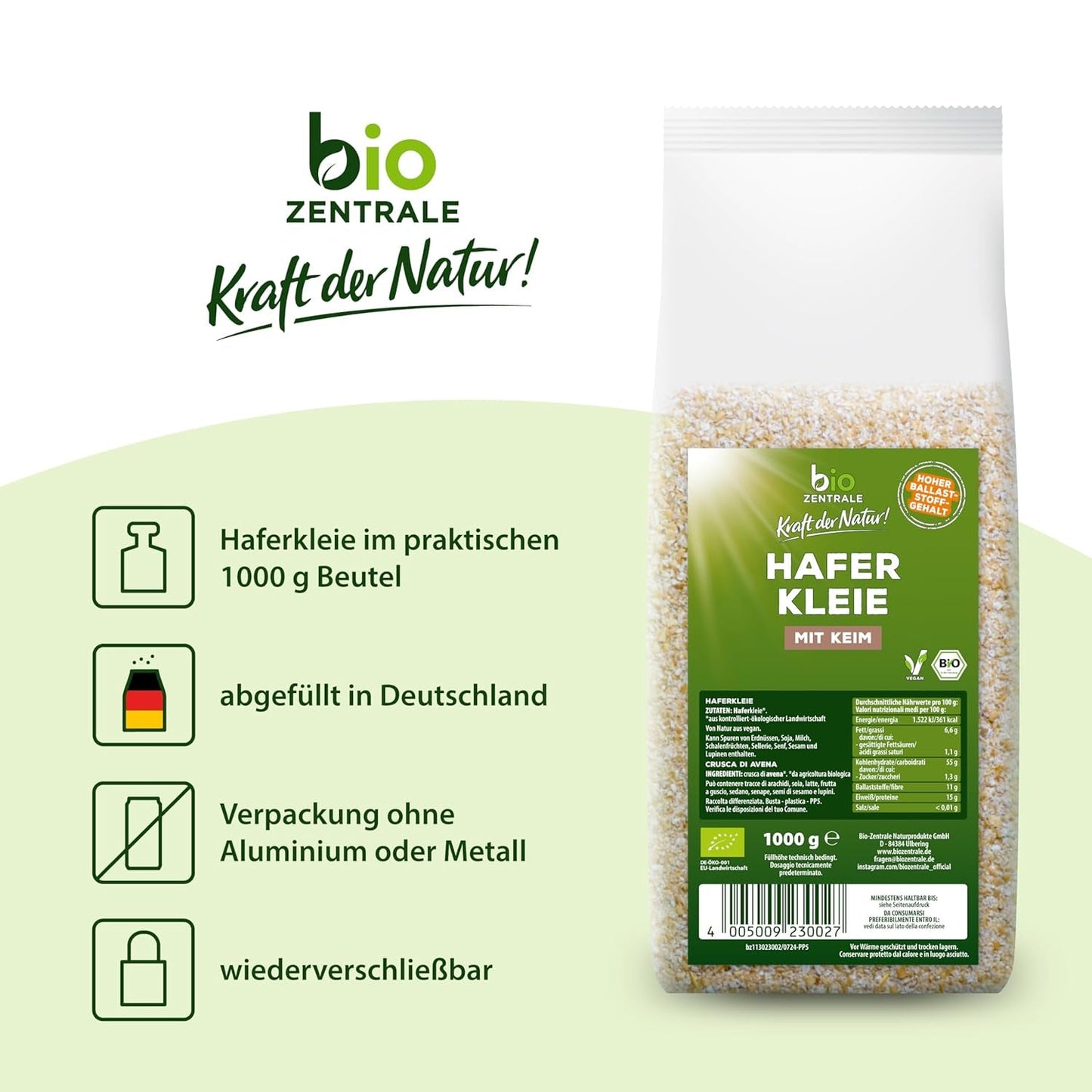 Biocentral biologische haverzemelen 1 kg | Voordelig pakket | Vezelrijke eiwitbron | Natuurlijk veganistisch | Van de EU-landbouw | Laag suikergehalte