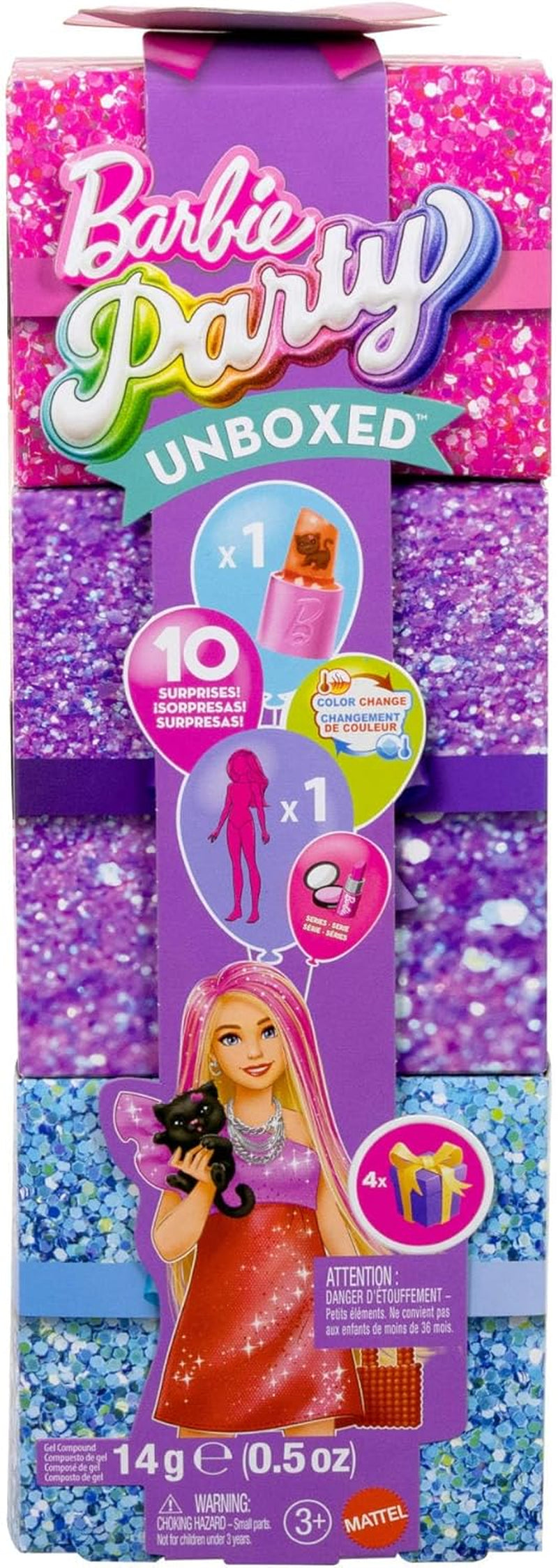 Barbie Party-pop zonder doos en accessoires, Glam Party-serie met 10 verrassingen, waaronder een felrode pop met kleurveranderingseffect, JFY68