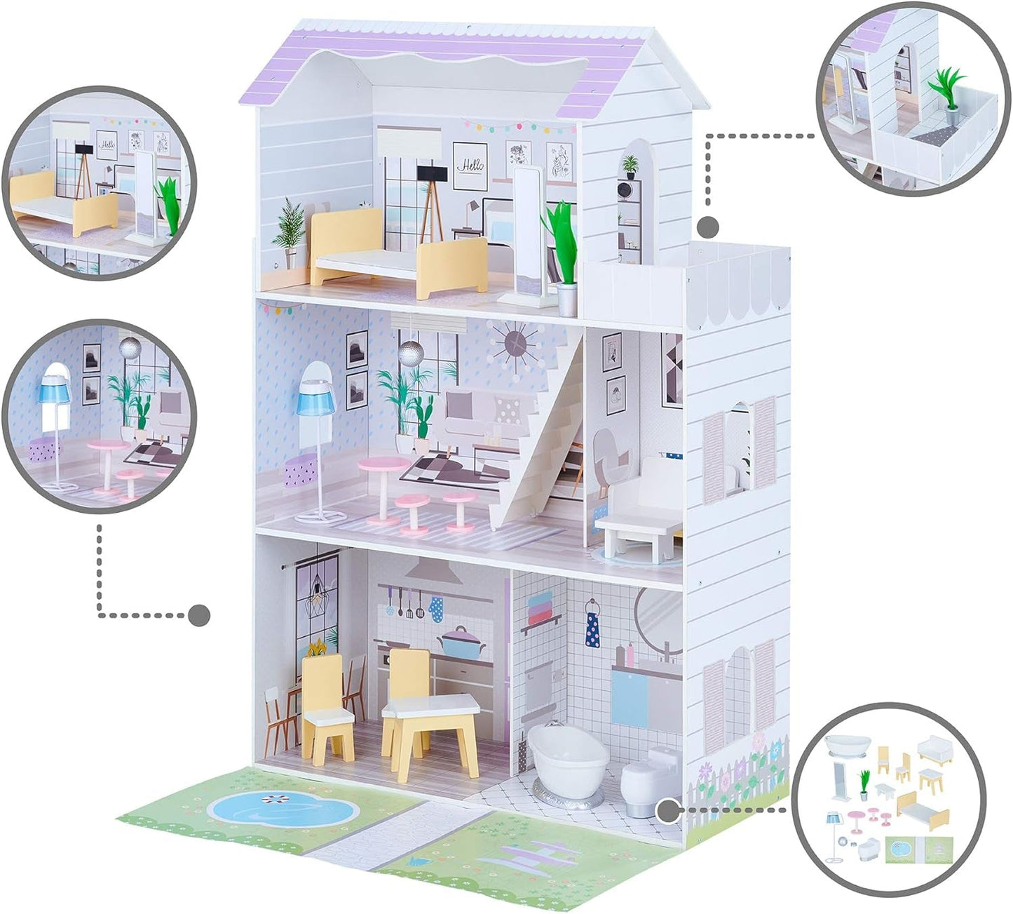 Teamson Kids Olivia's Little World gigantisch poppenhuis met 16 poppenaccessoires, houten poppenhuis met meubilair, 3 verdiepingen, 30 cm poppenhuis voor kinderen, vanaf 3 jaar