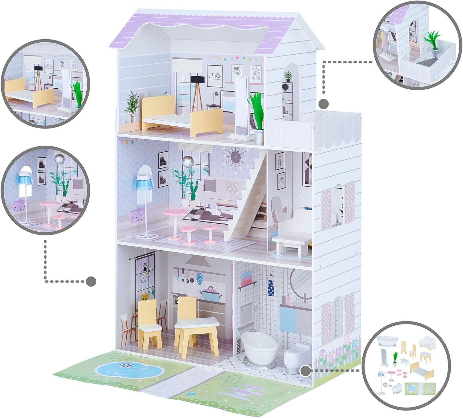 Teamson Kids Olivia's Little World gigantisch poppenhuis met 16 poppenaccessoires, houten poppenhuis met meubilair, 3 verdiepingen, 30 cm poppenhuis voor kinderen, vanaf 3 jaar