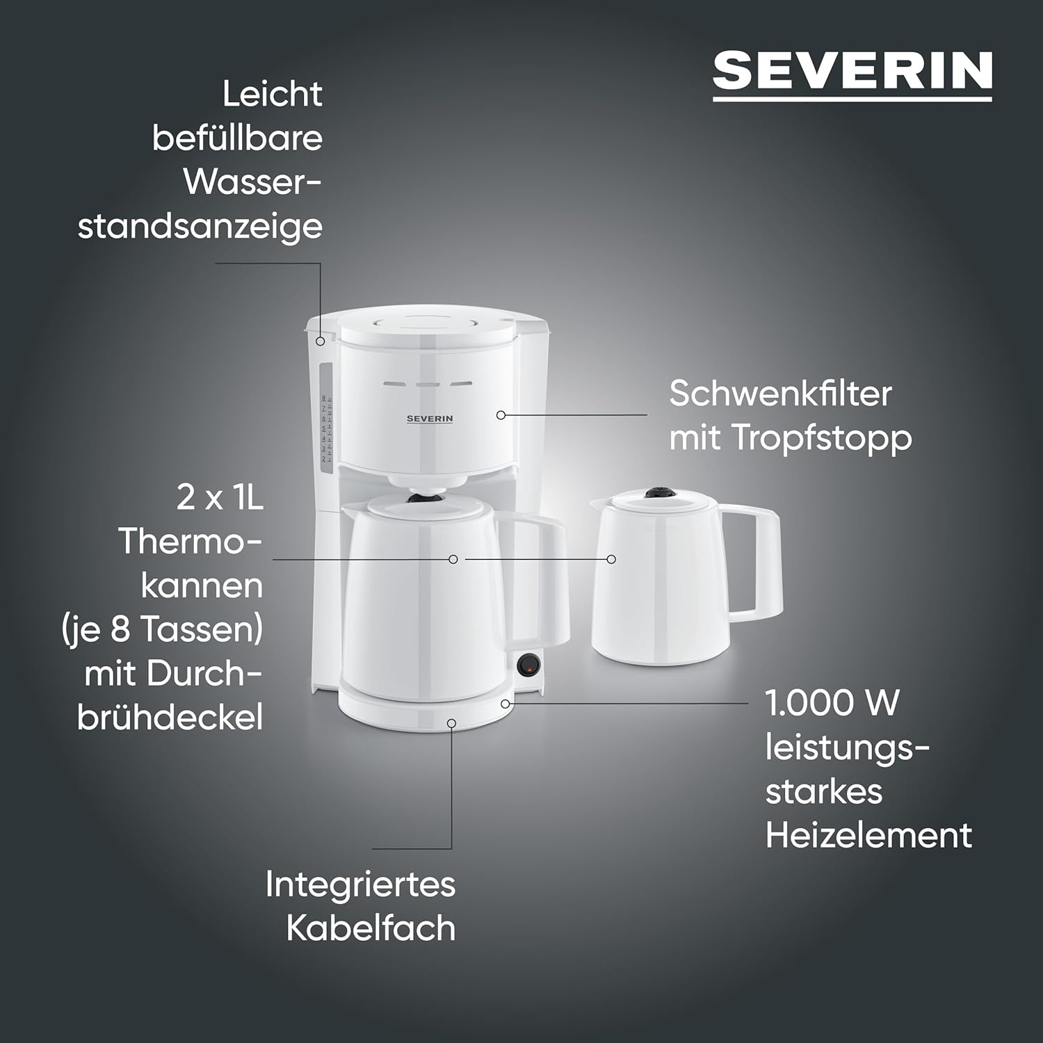 Severin espressomachine met filter en 2 thermische karaffen, espressomachine met deksel, druppelvrij gieten, langdurig temperatuurbehoud, automatische uitschakeling, 1000 W, ca. 1 liter, wit, KA 9309