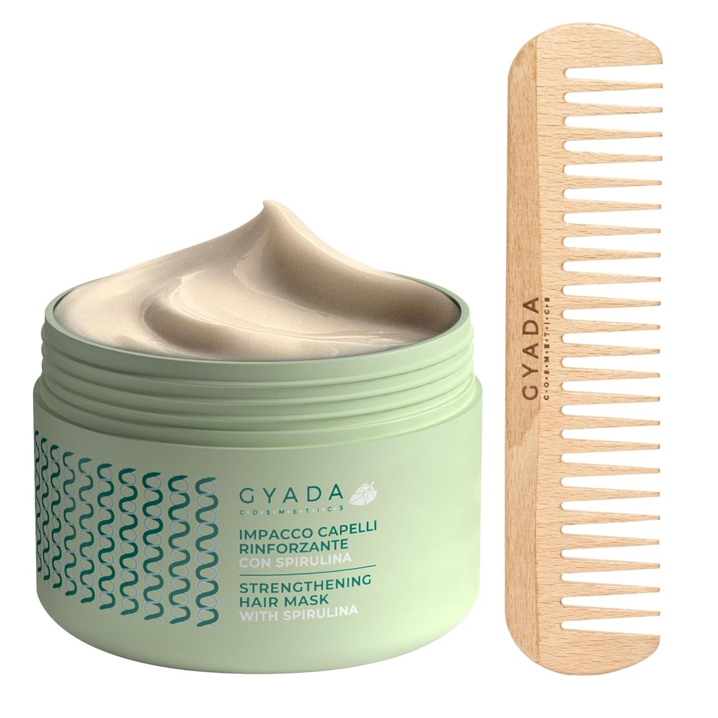 GYADA COSMETICS Spirulina haarversterkingspakket Voedend tegen haaruitval Dubbele tips Werkt 250 ml + beukenhouten kam Ideaal voor het ontwarren van alle haartypes Naty Shop Haarmasker Standaardtitel