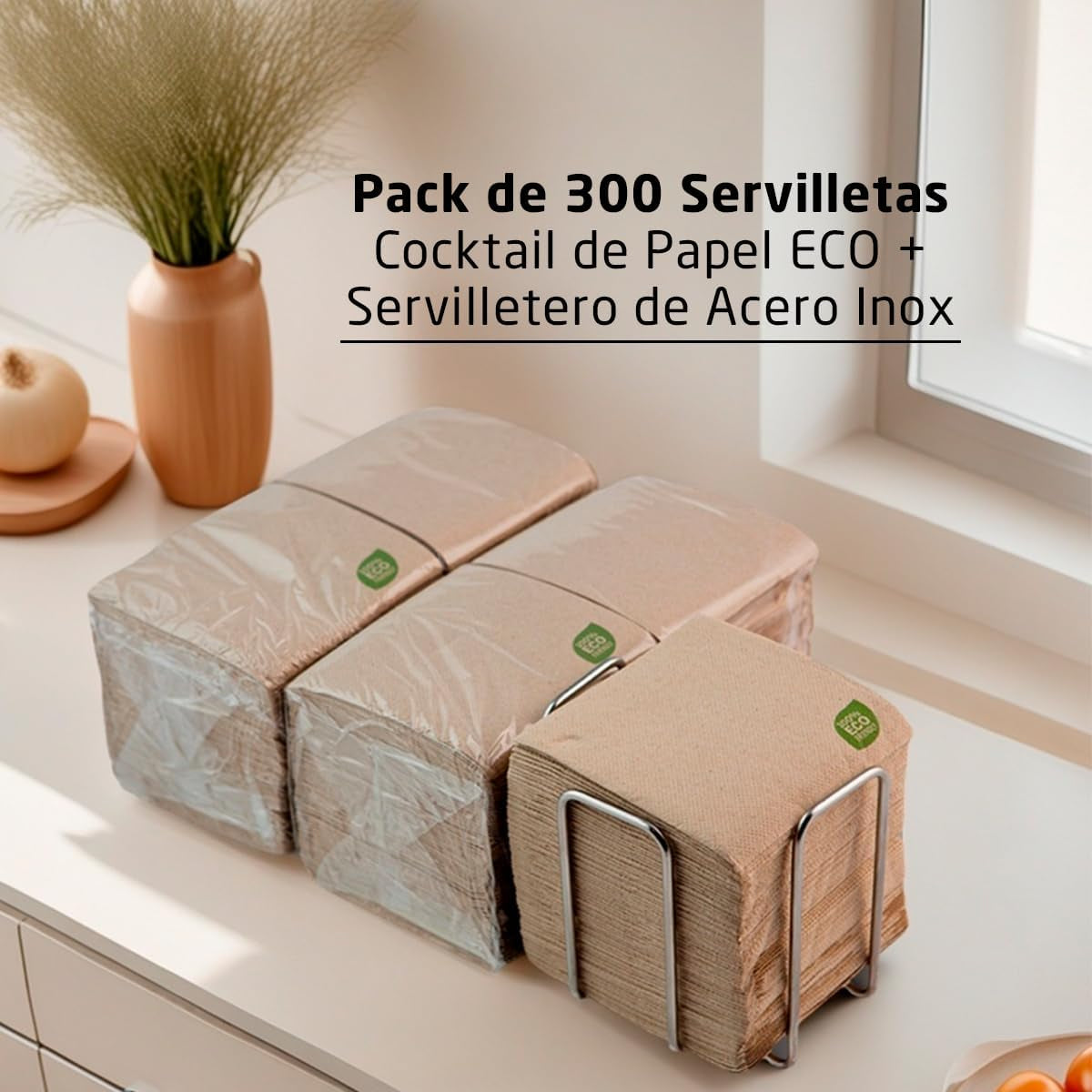 300 stuks cocktailpapieren servetten, 100% recyclebaar en biologisch afbreekbaar, roestvrijstalen servethouder, milieuvriendelijke servetten, 10 x 10 cm, gevouwen.