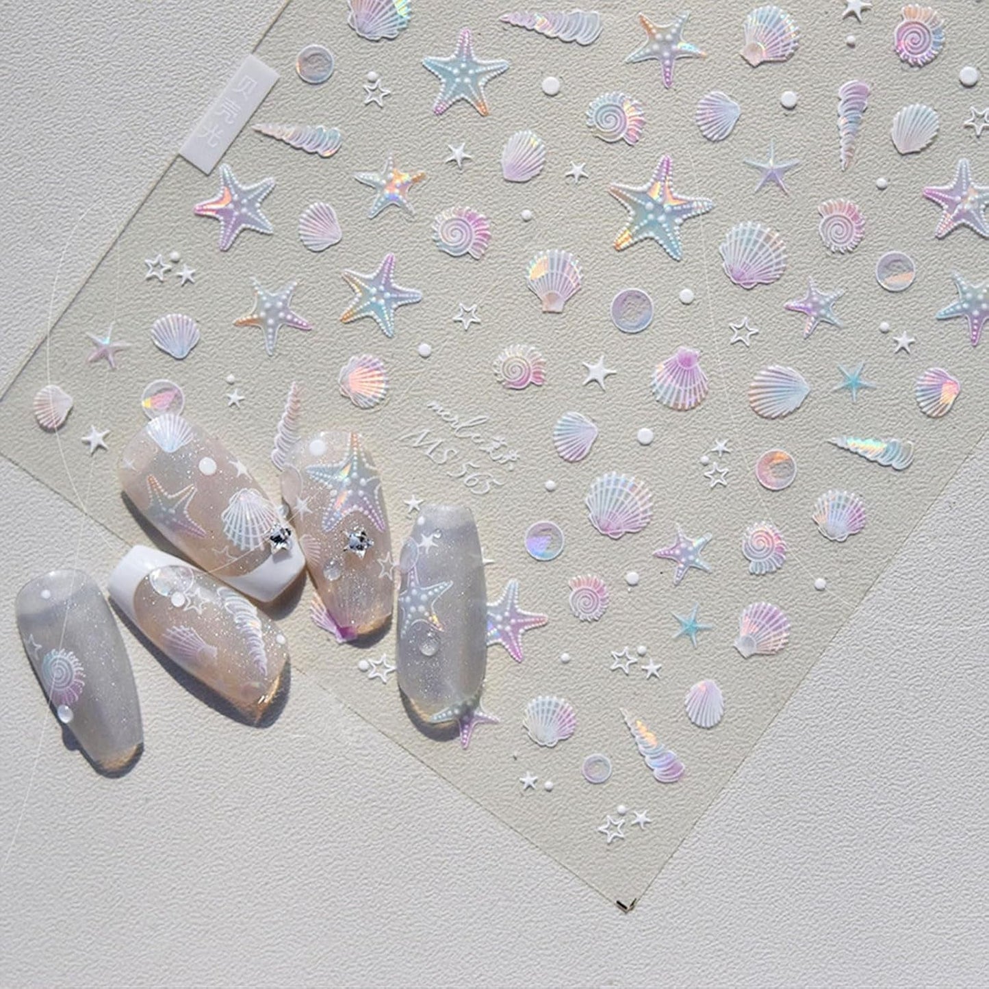 JMEOWIO 3D Nagelsticker Aurora Muschel Seestern Nail Art Sticker Selbstklebend Nagelaufkleber 5D Stereoskopisch Ozean Thema Decoratie Nageldesign Zubehör 1 Blatt